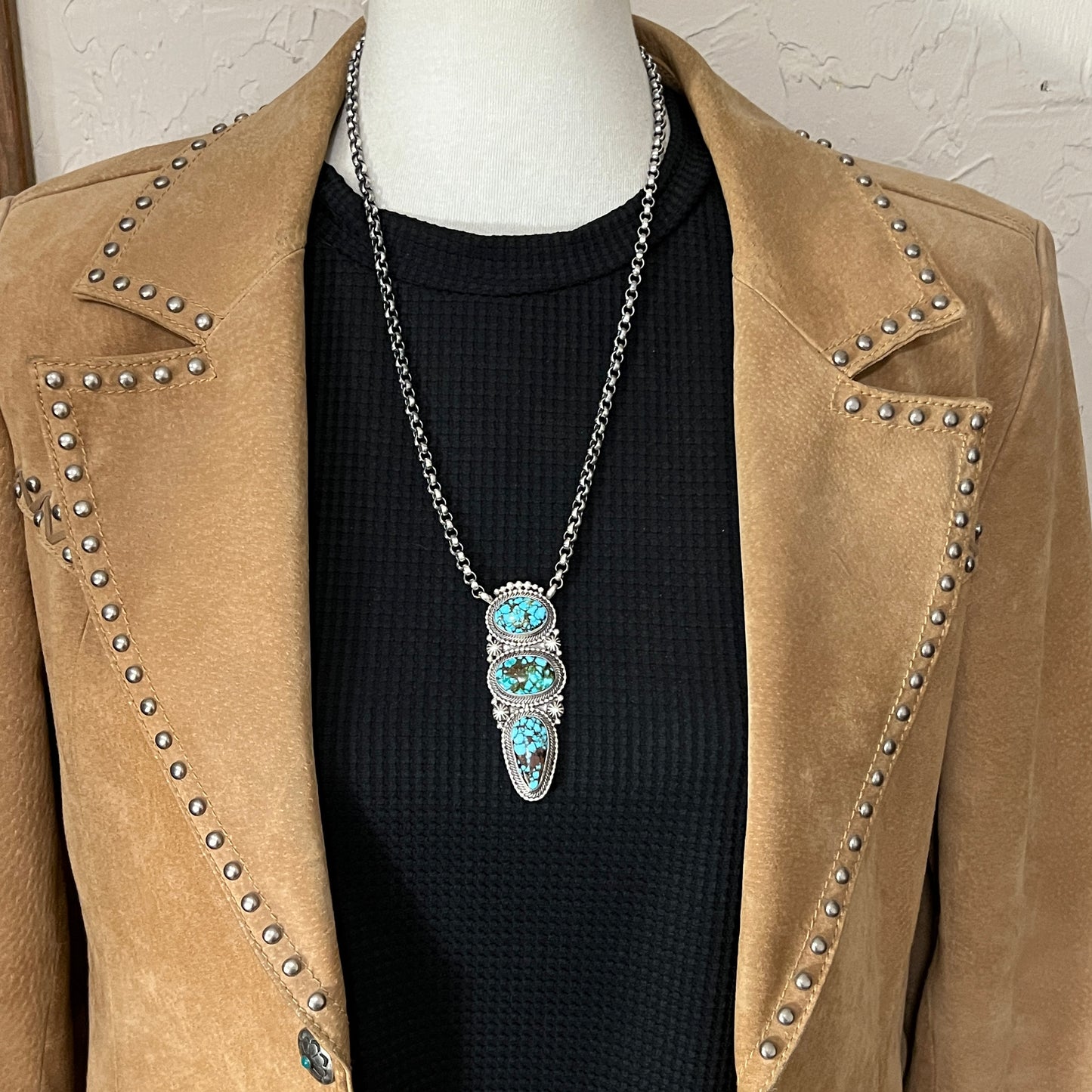 24" Kingman turquoise Necklace 2 Sterling Silver Rolo Chain Tom Lewis Navajo