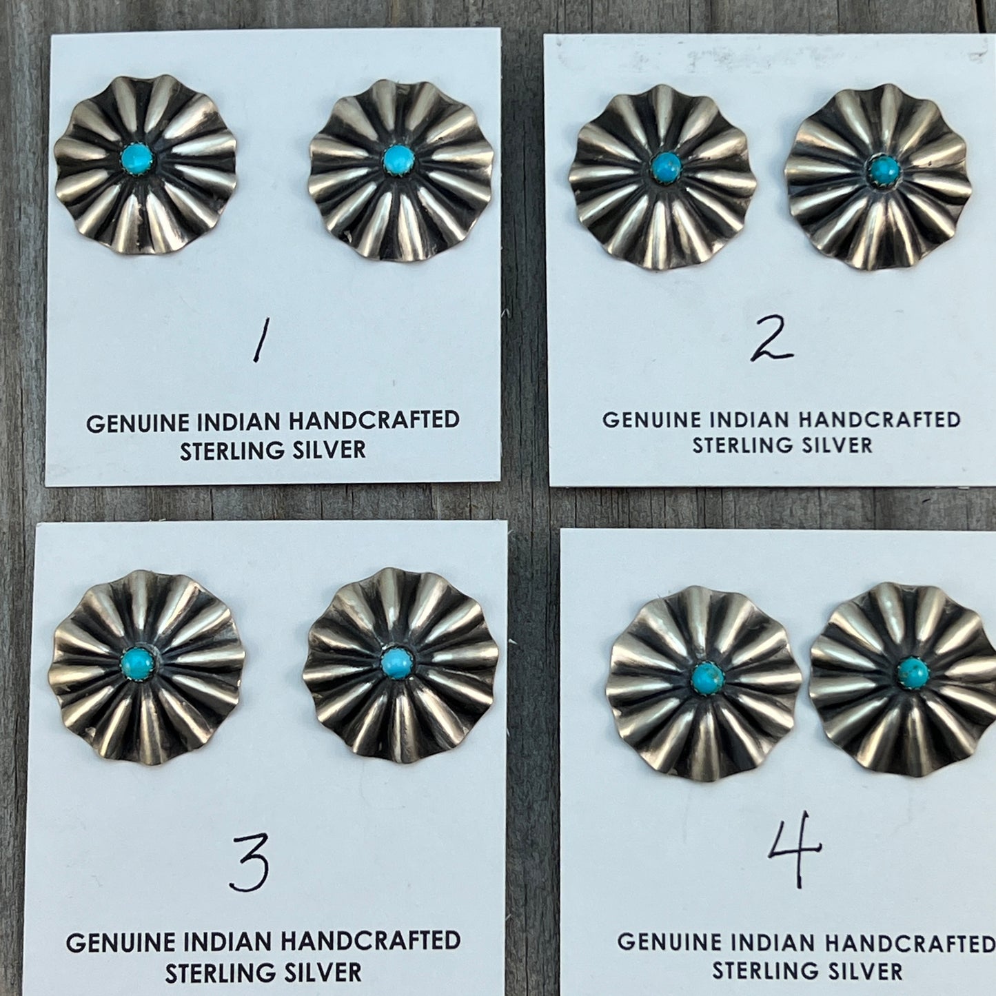 1" lightweight Corrugated fluted stamped turquoise concho earrings Sterling silver Arlene Soce 657