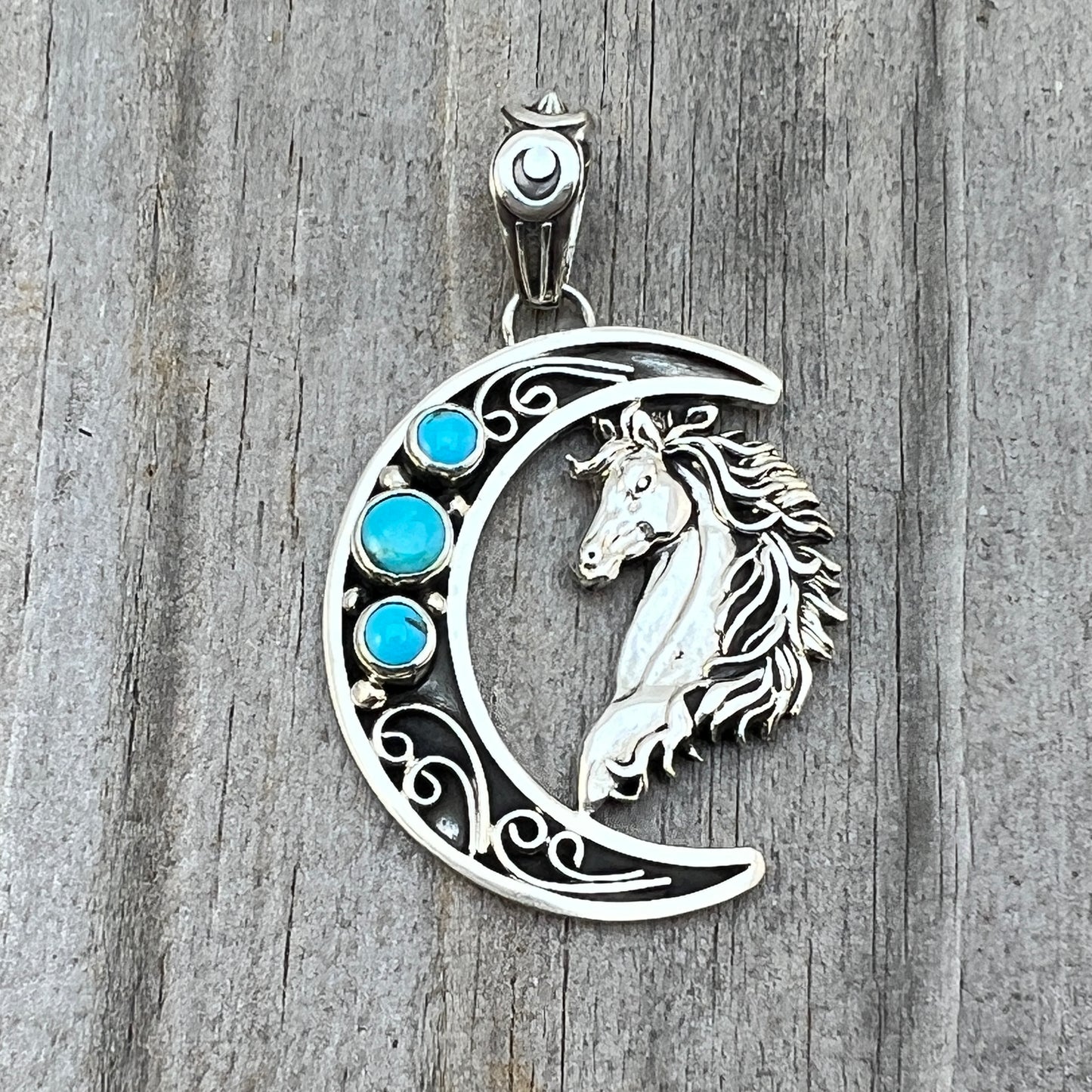 Blue turquoise horse moon pendant sterling silver Jennifer Cayaditto Navajo 823