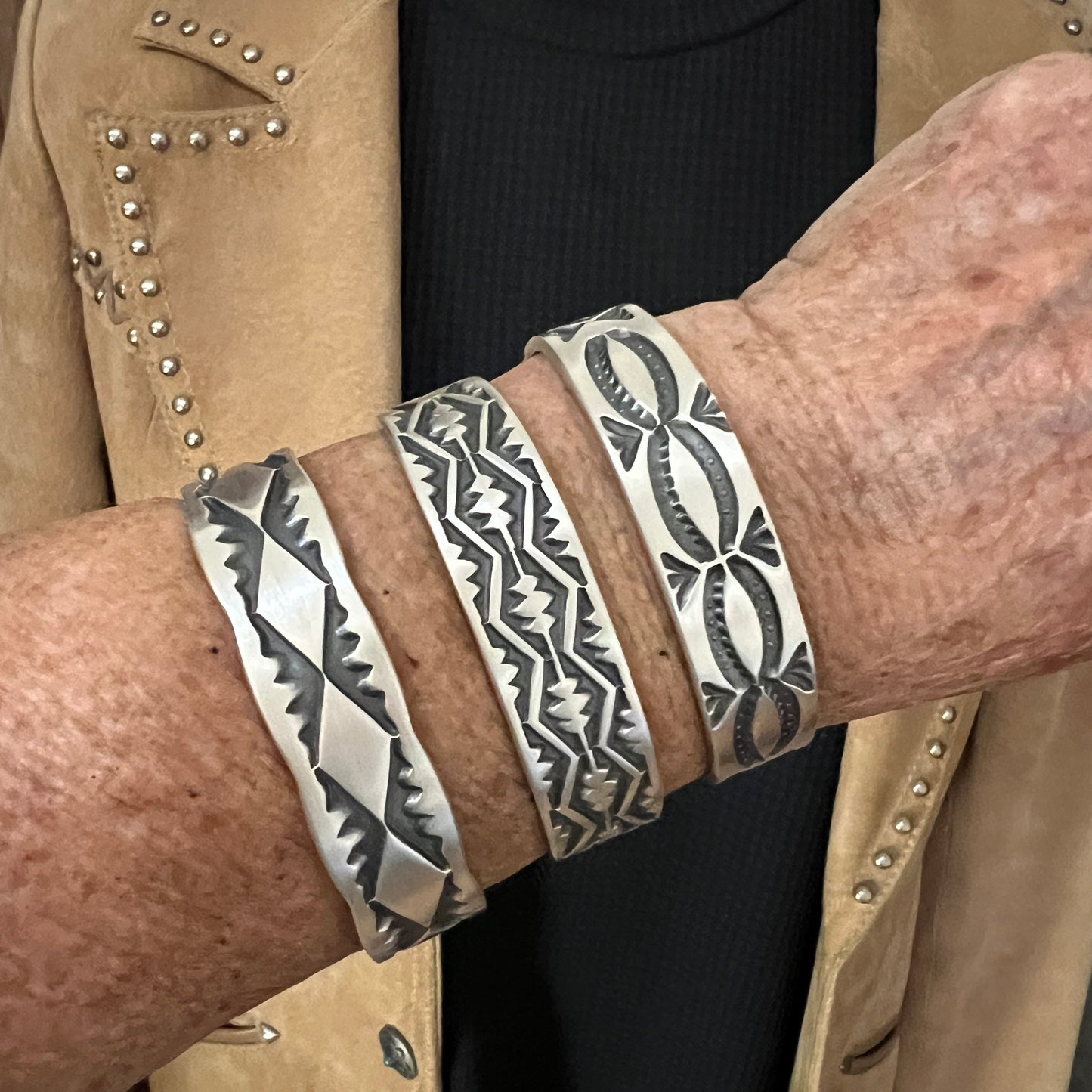 6.5" Heavy Stamped cuff bracelet 3, Navajo handmade Jerrold Tahe, sterling silver stack
