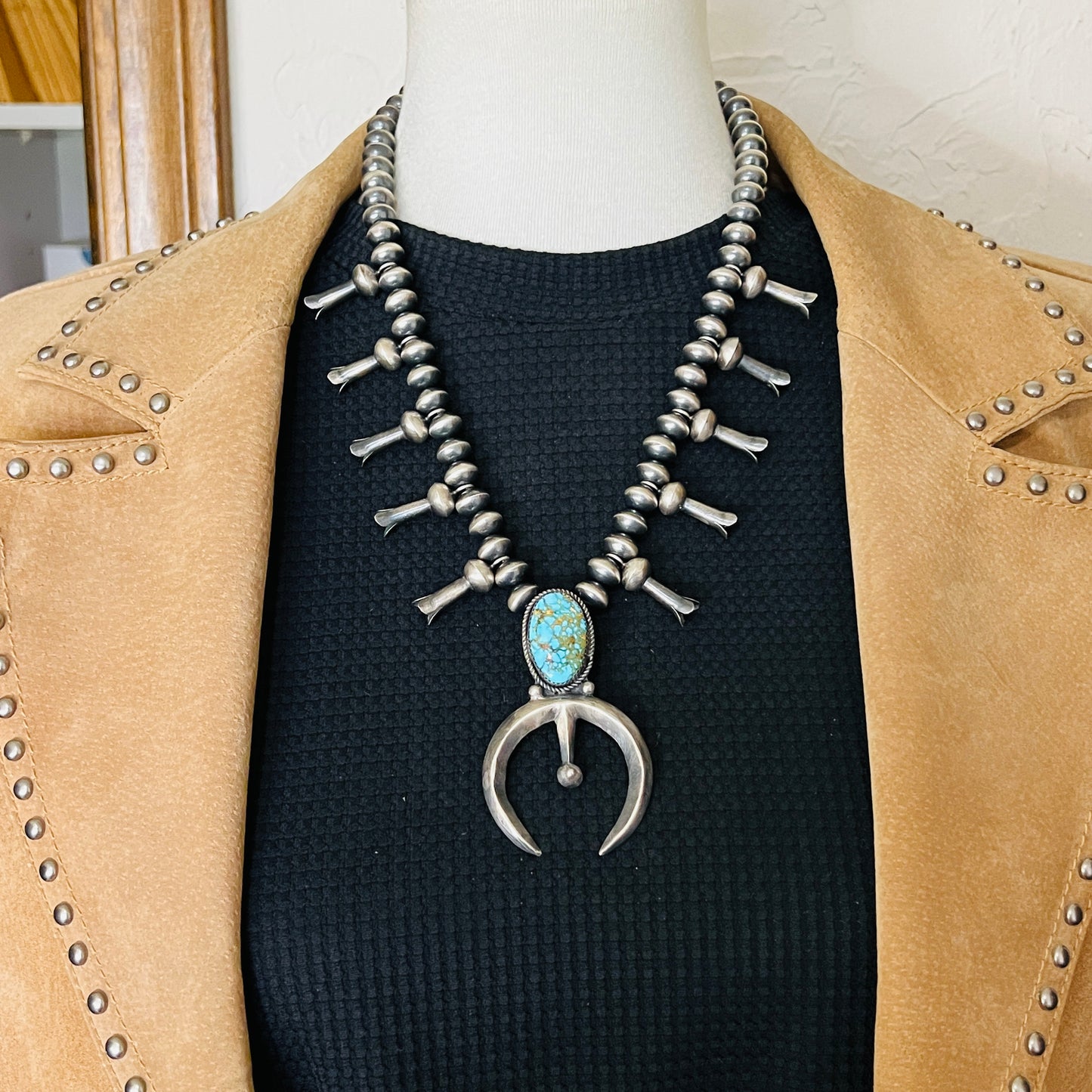 21 1/2" Sterling silver Navajo Squash Blossom necklace Preston Haley signed handmade beads