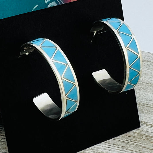 Turquoise inlay hoop earrings Tina Haloo Zuni Sterling silver ER45