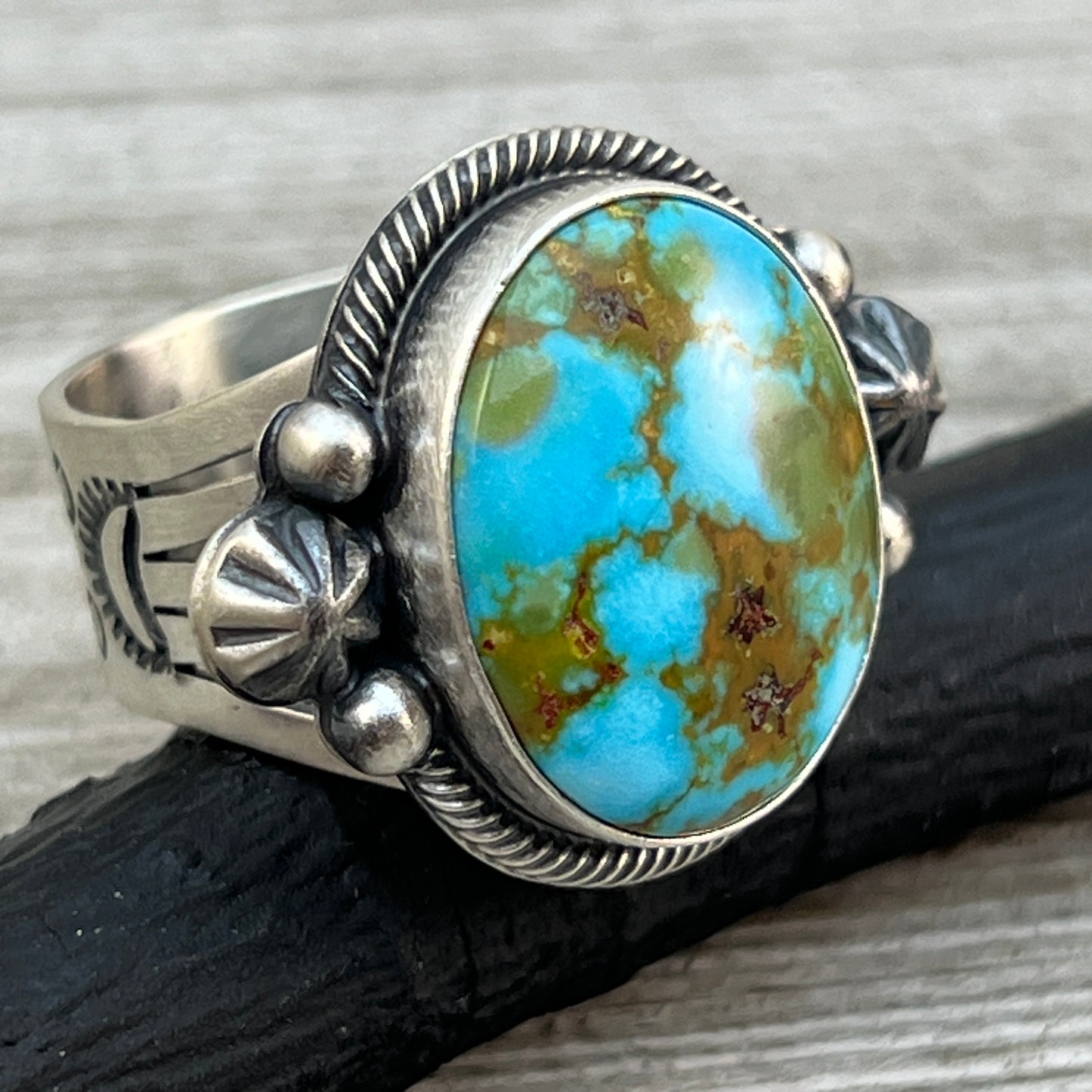 Size 9.5 High Grade Natural Kingman Polychrome Turquoise ring Navajo Daniel Benally