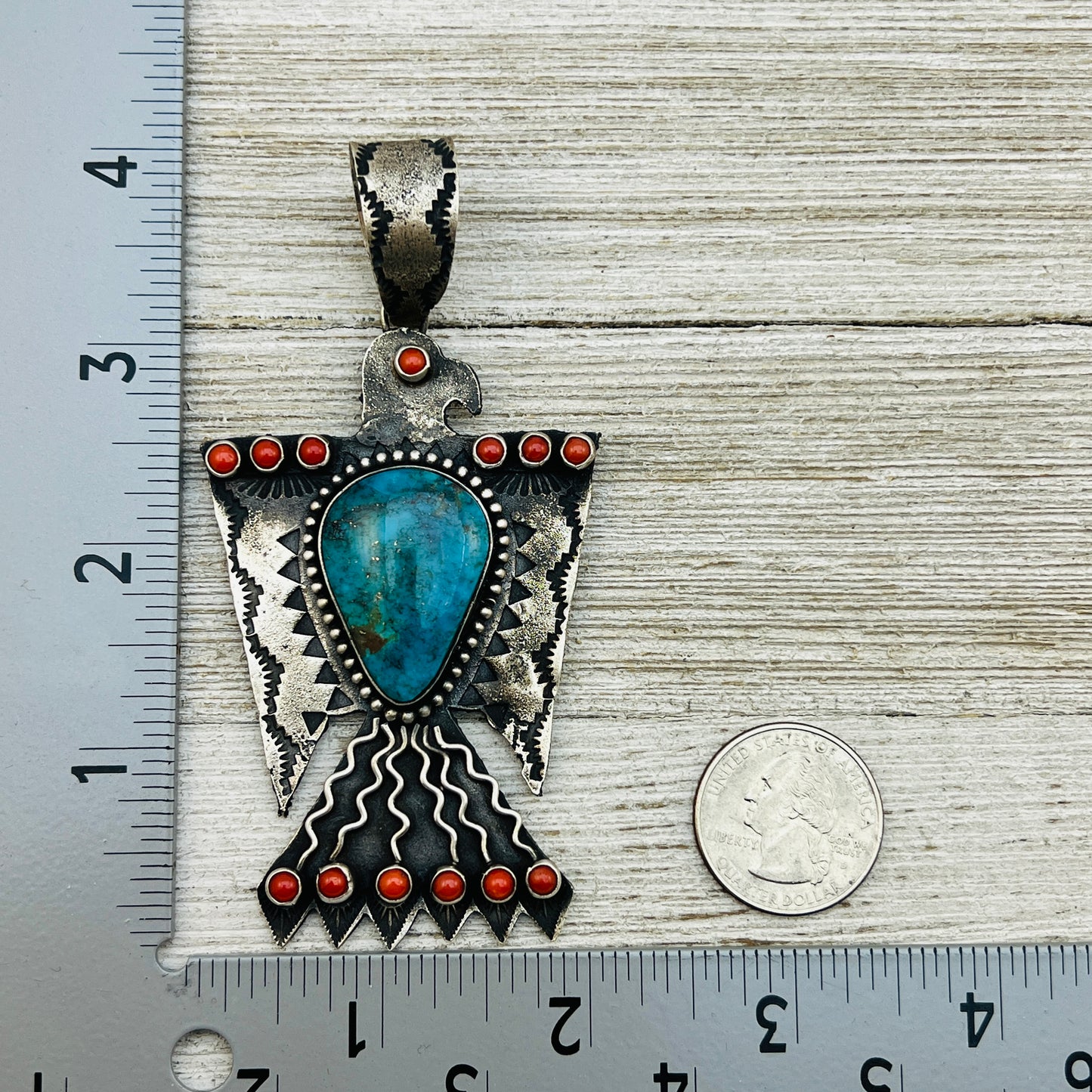 large Heavy Thunderbird Pendant Turquoise Coral Shawn Cayatineto Sterling Silver