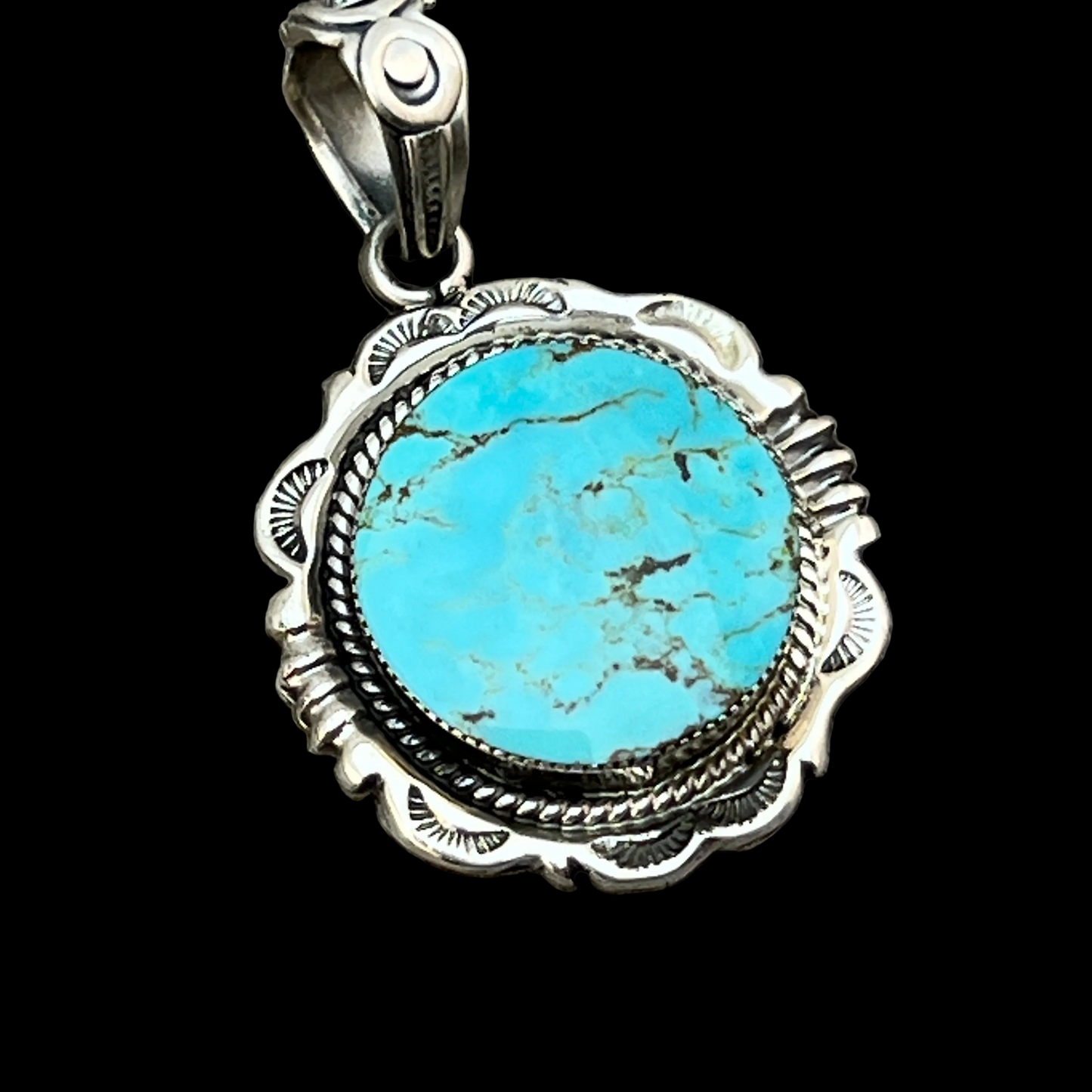 Kingman Turquoise Pendant Sterling silver Navajo handmade Jeremy Delgarito 762