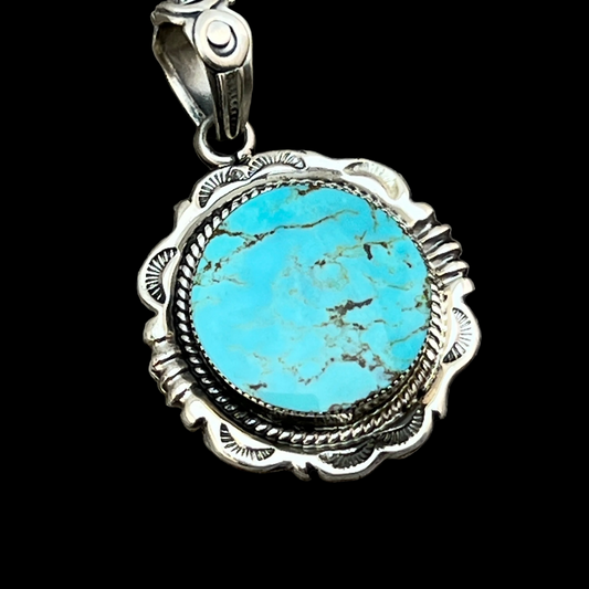 Kingman Turquoise Pendant Sterling silver Navajo handmade Jeremy Delgarito 762