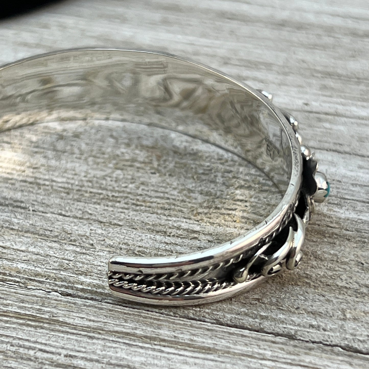 6 1/2" Floral sterling silver bracelet Navajo handmade Bessie Joe signed turquoise