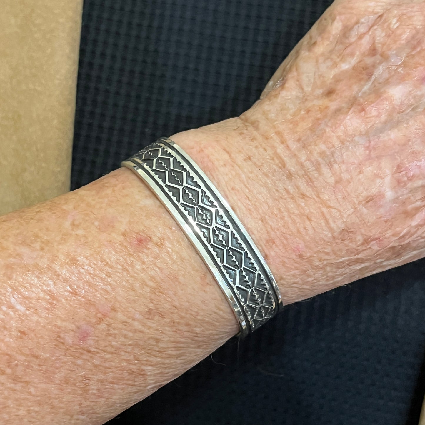 6.5" Sterling silver hand stamped Cuff Bracelet Navajo Leonard Maloney signed boho 361
