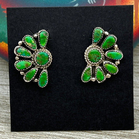 Bright Green Sonoran Gold turquoise Half Cluster earrings Justina Wilson Navajo 881