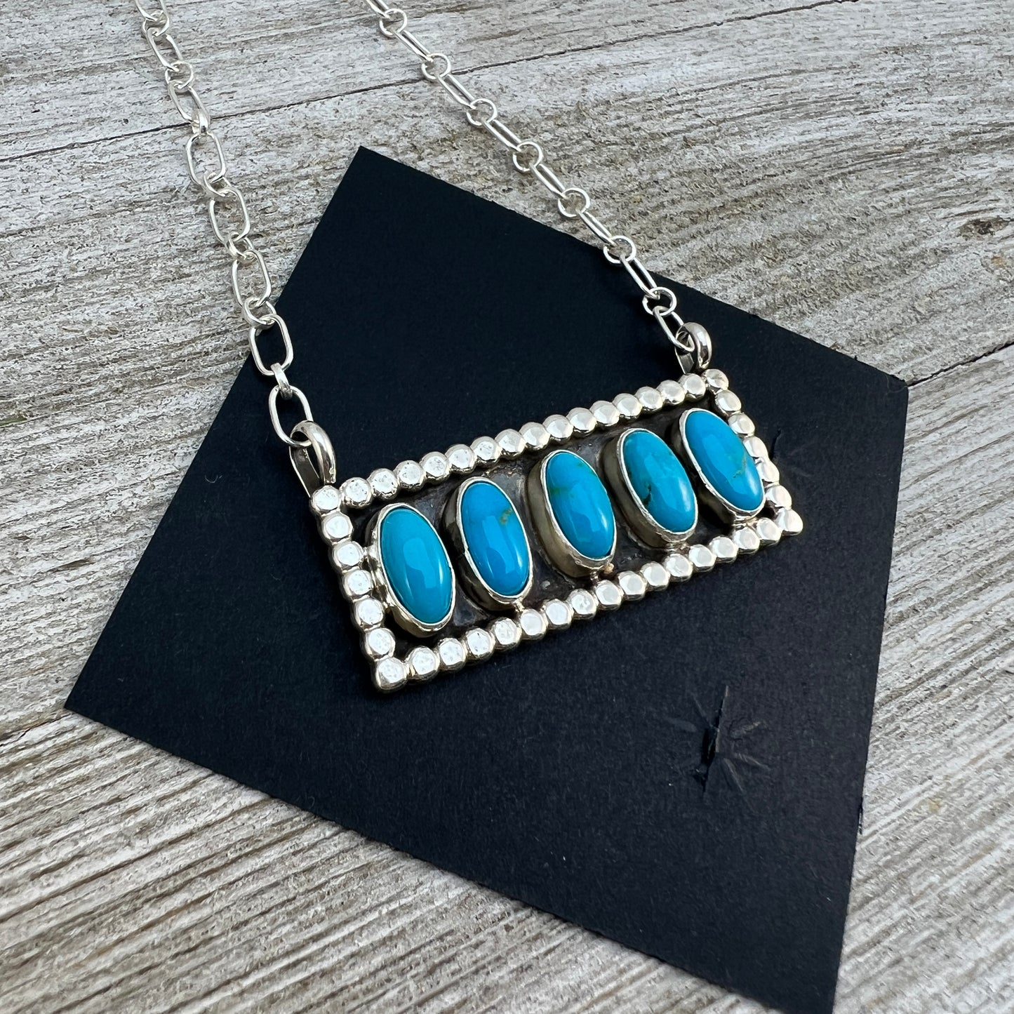 18" Blue Campitos turquoise rectangle bar necklace #1, Navajo handmade, sterling silver