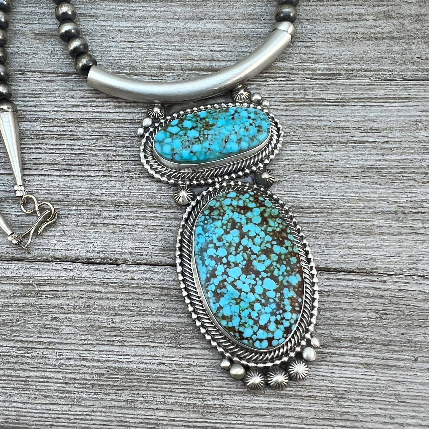 Kingman Turquoise 18" necklace Sterling silver oxidized beads pearls TOM LEWIS