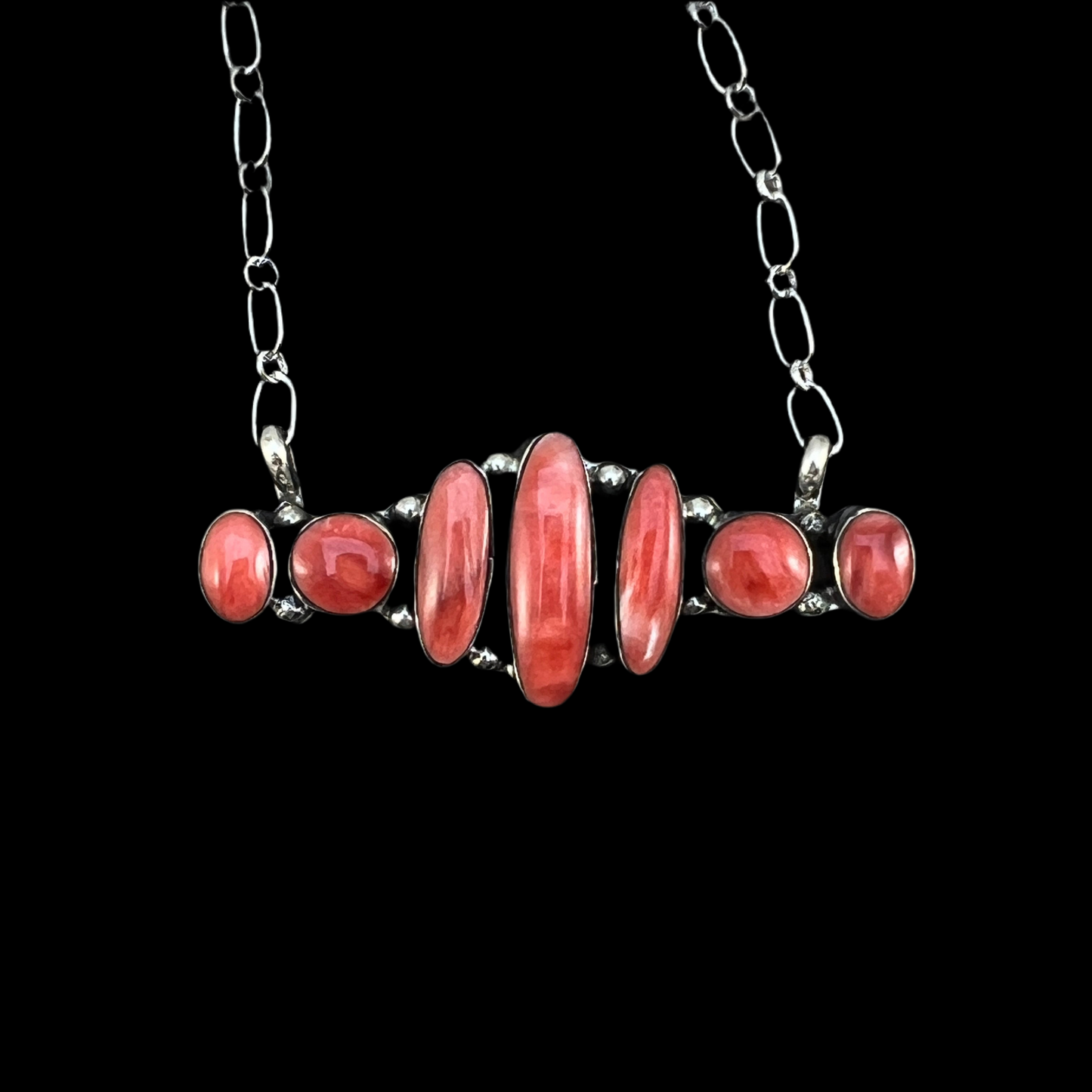 18" Spiny Oyster 7 stone Necklace Sterling Silver Navajo handmade Kimberly Yazzie 1