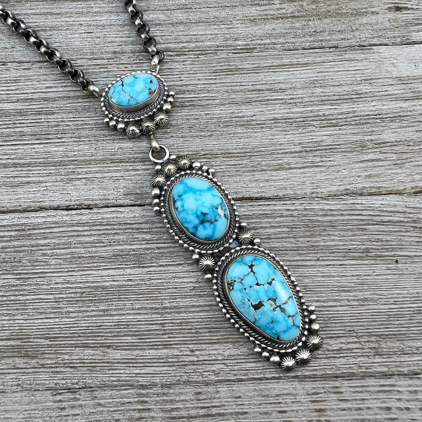 23" Blue Spiderweb Kingman turquoise Necklace, Sterling Silver Rolo Chain Navajo