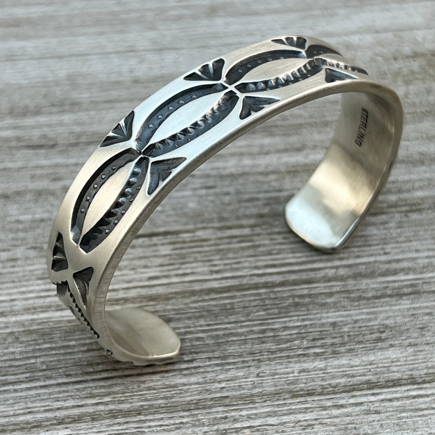 6.5" Heavy Stamped cuff bracelet 3, Navajo handmade Jerrold Tahe, sterling silver stack