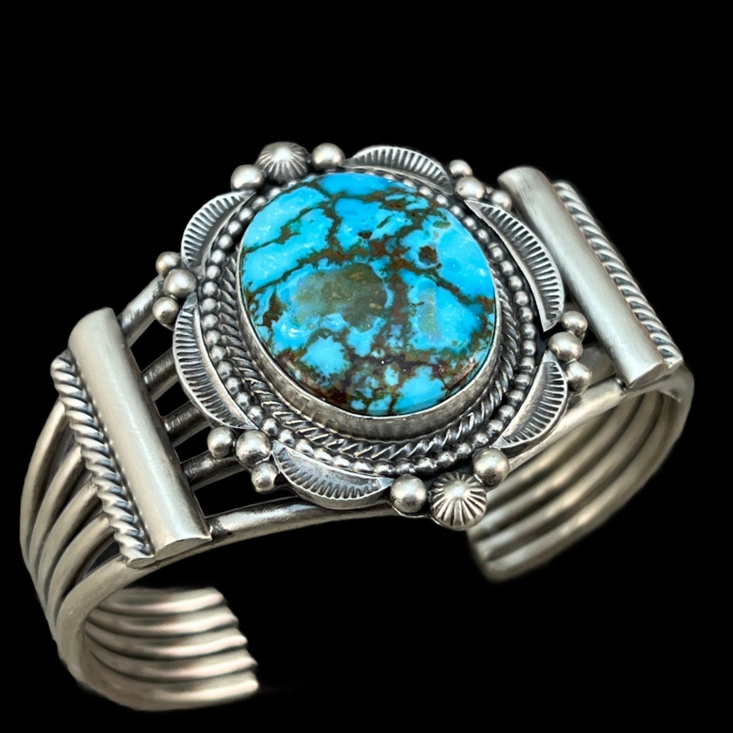 6.5" Kingman spiderweb turquoise, cuff bracelet 3 Navajo Tom Lewis sterling silver
