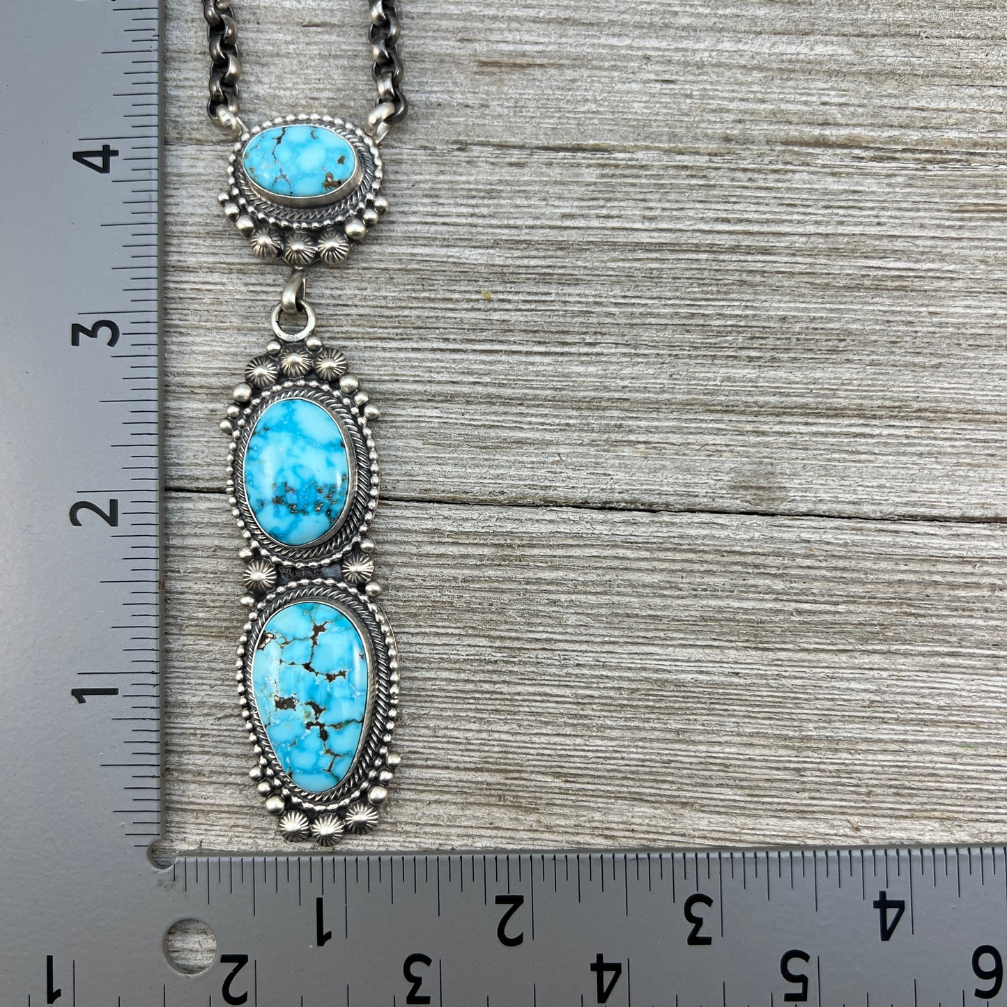 23" Blue Spiderweb Kingman turquoise Necklace, Sterling Silver Rolo Chain Navajo