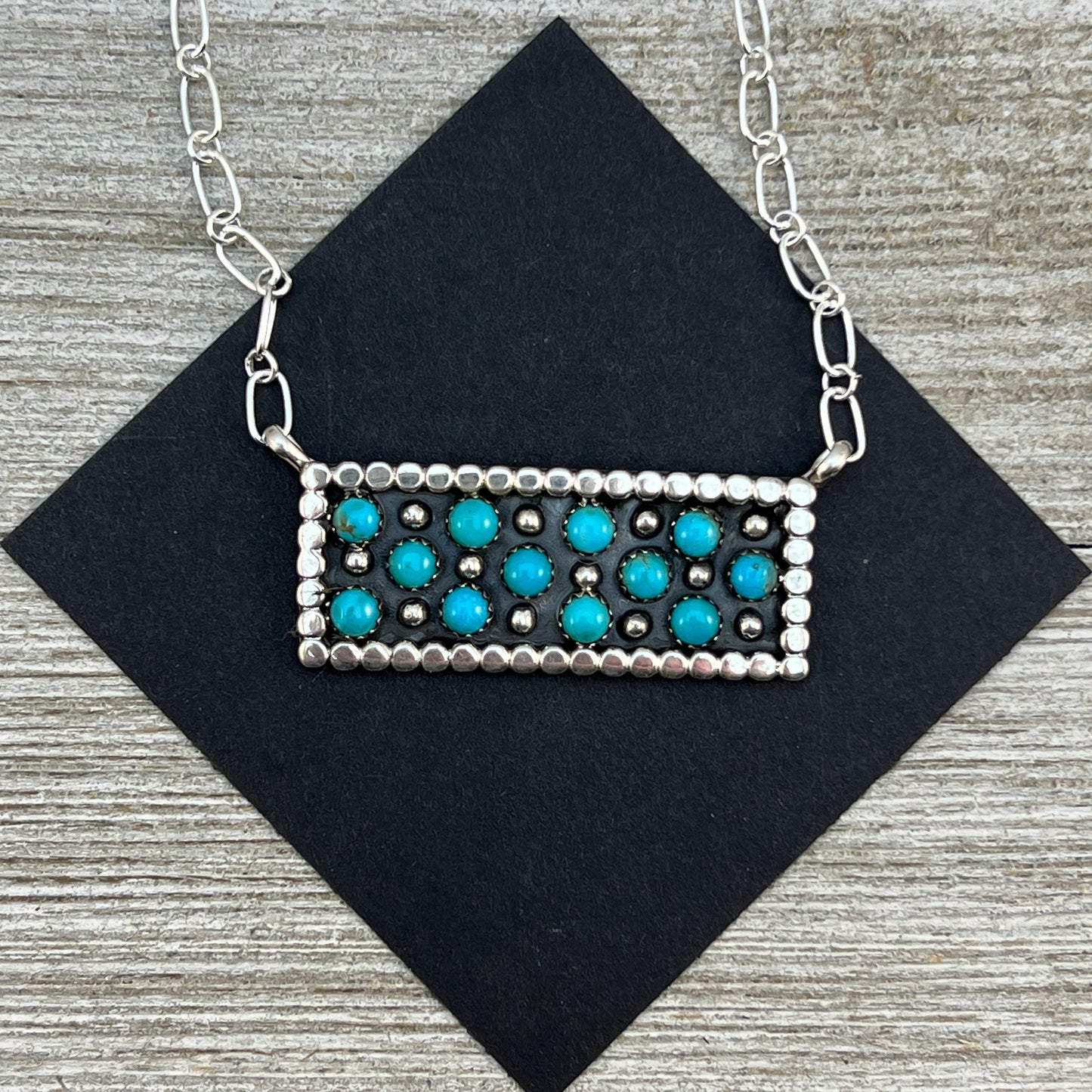 18" Zuni Snake Eye Dot Turquoise Sterling silver handmade Bar Necklace Kenny Lonjose 3