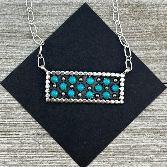 18" Zuni Snake Eye Dot Turquoise Sterling silver handmade Bar Necklace Kenny Lonjose 3