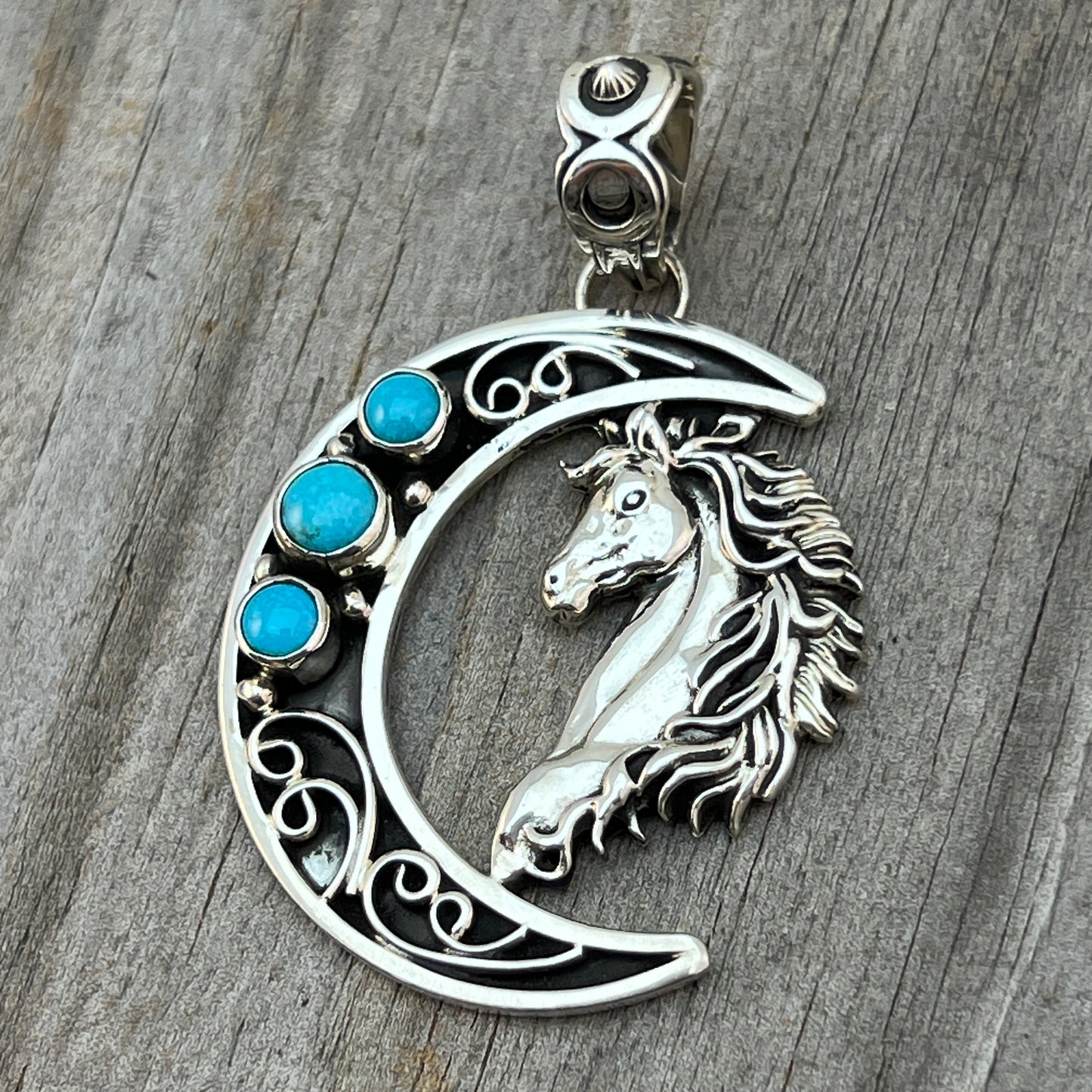 Blue turquoise horse moon pendant sterling silver Jennifer Cayaditto Navajo 821