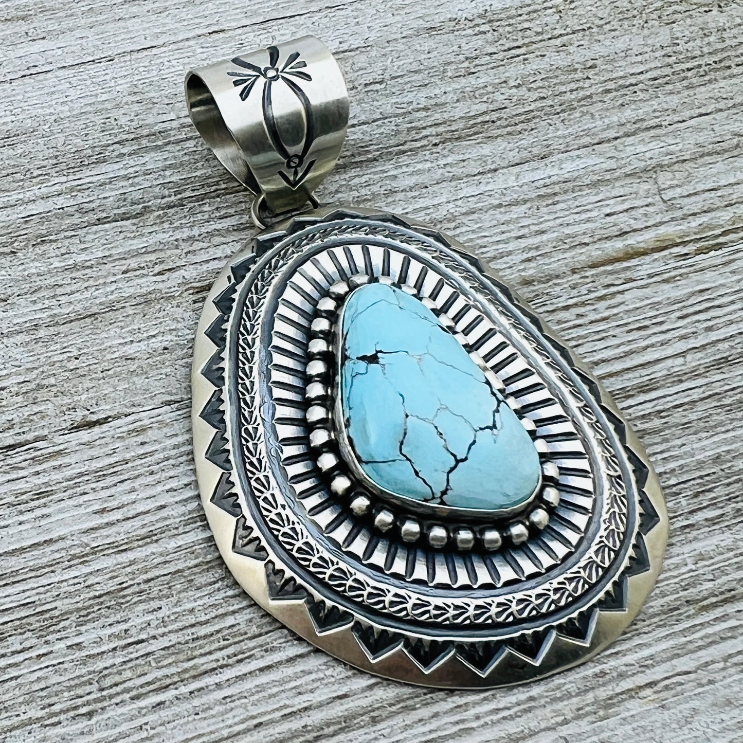 Natural Egyptian Turquoise Stamped concho pendant Arnold Blackgoat Sterling silver Navajo 851