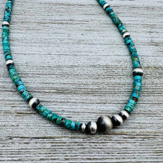 13" 14" 15" 16" 17" adjustable choker, Real Sterling Silver, oxidized, Turquoise Bead Necklace, Western Boho Pearl