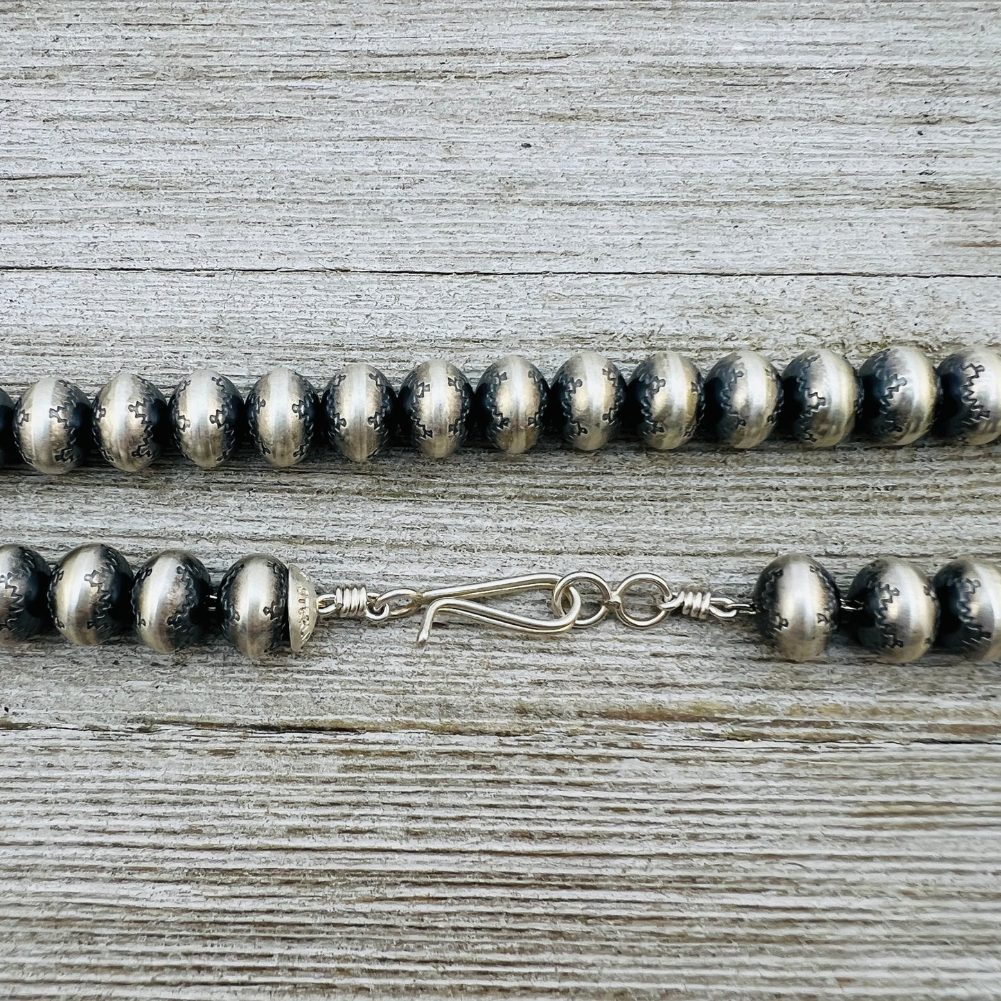 20" Sterling silver Navajo handmade 10mm stamped bead Pearl necklace Bryannen Halwood 712