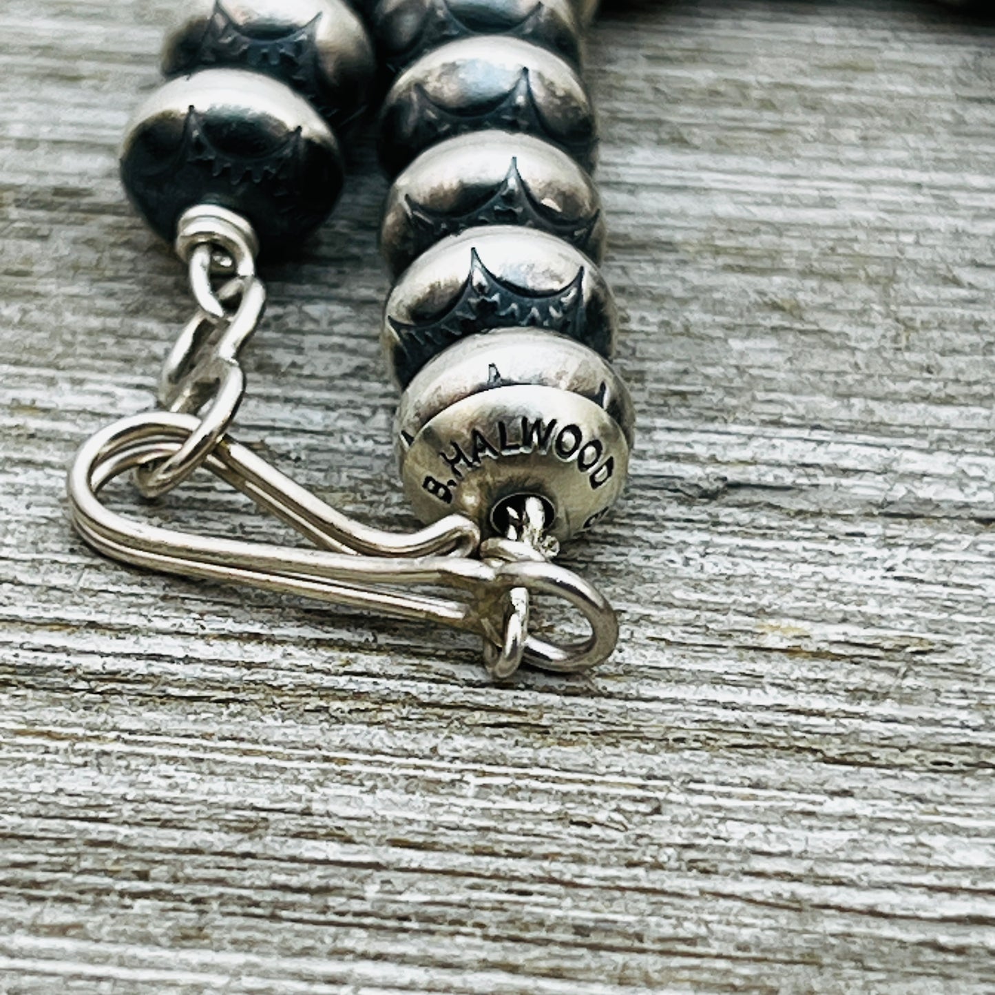 18" Sterling silver handmade Navajo Pearl Graduated stamped bead necklace Bryannen Halwood signed