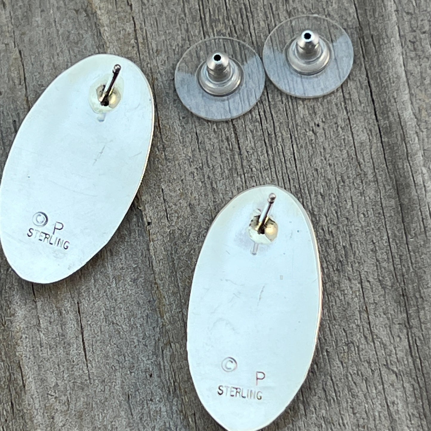oval concho shadowbox post stud earrings, sterling silver turquoise Felix Perry 834