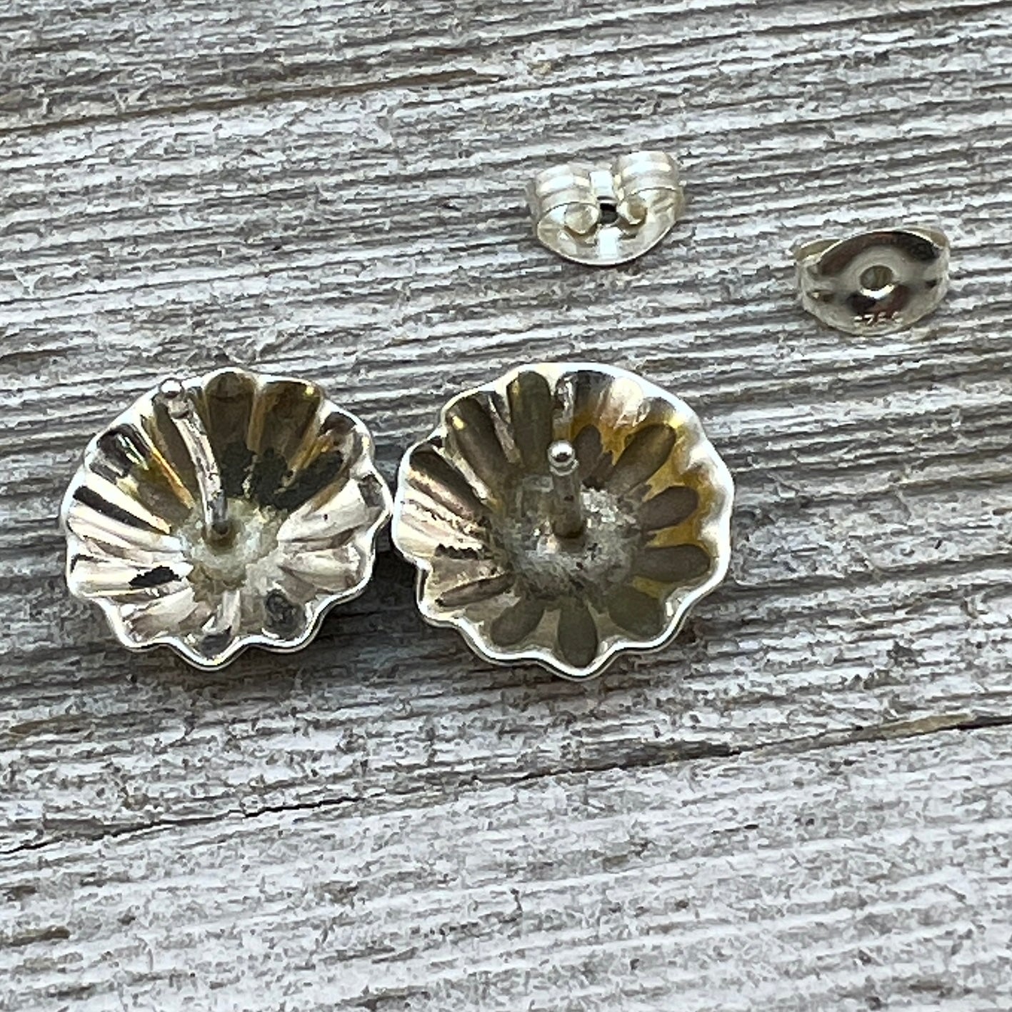 Lightweight small fluted Corrugated stamped concho earrings Sterling silver Sally Shurley