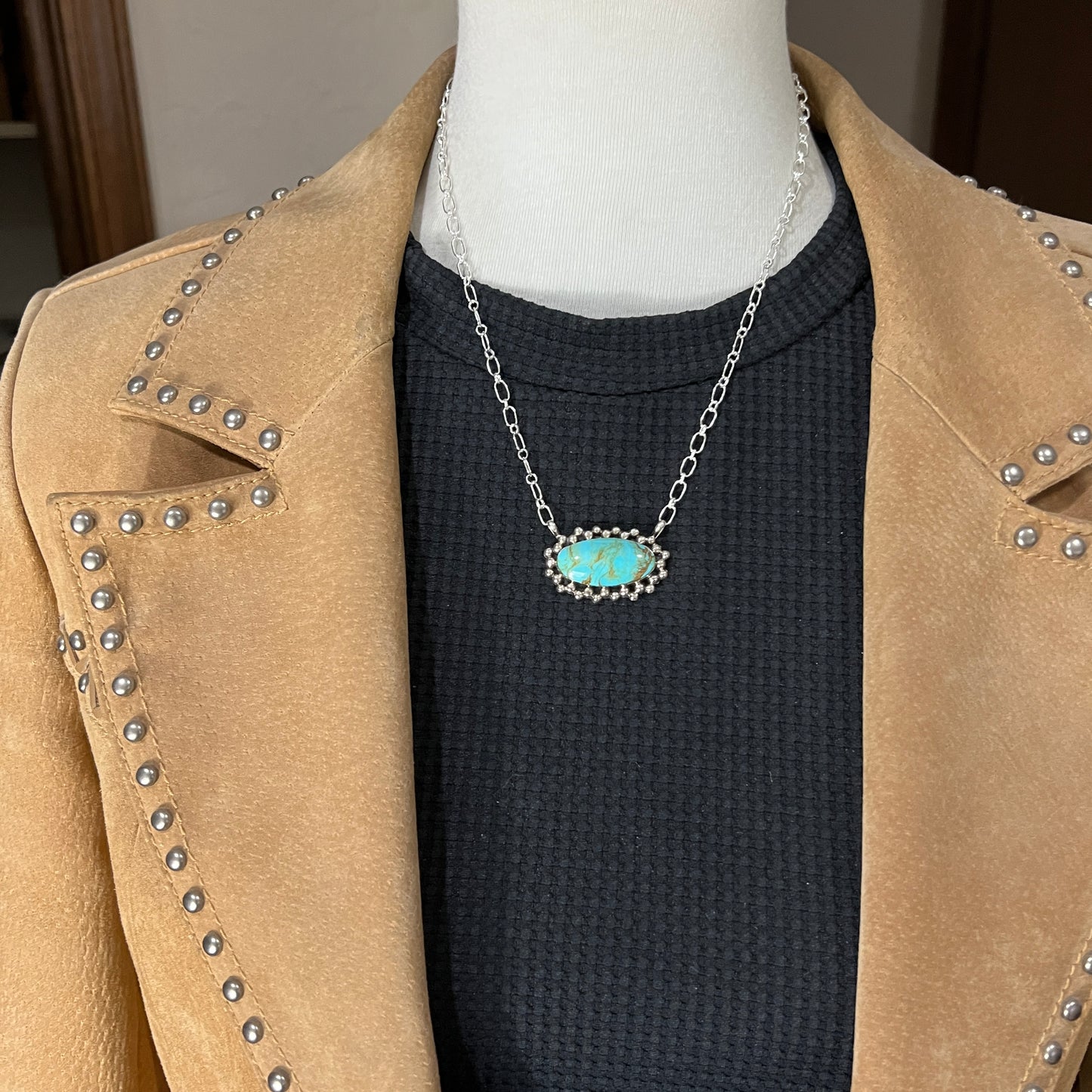 Kingman turquoise oval bar station necklace 3 sterling silver Gregg Yazzie