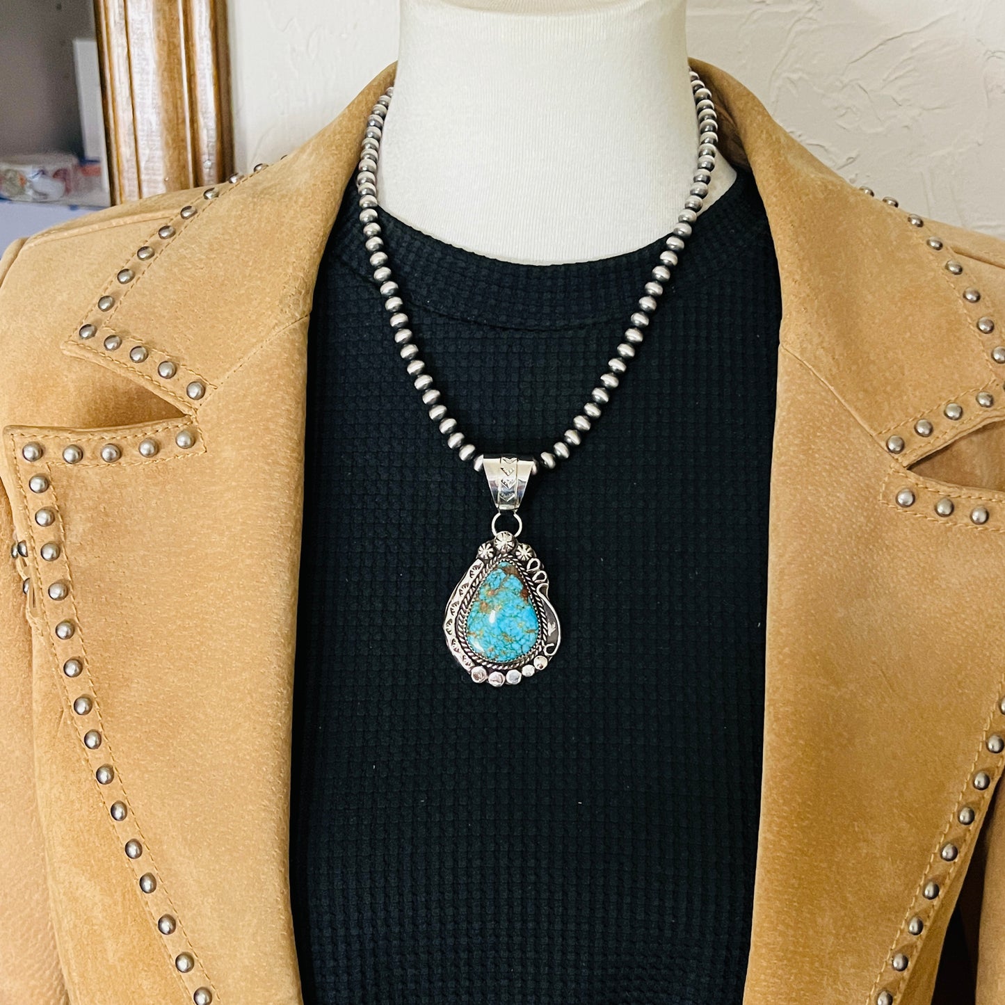 Blue Kingman Spiderweb Turquoise Pendant Navajo Sterling silver Phil Nez 858