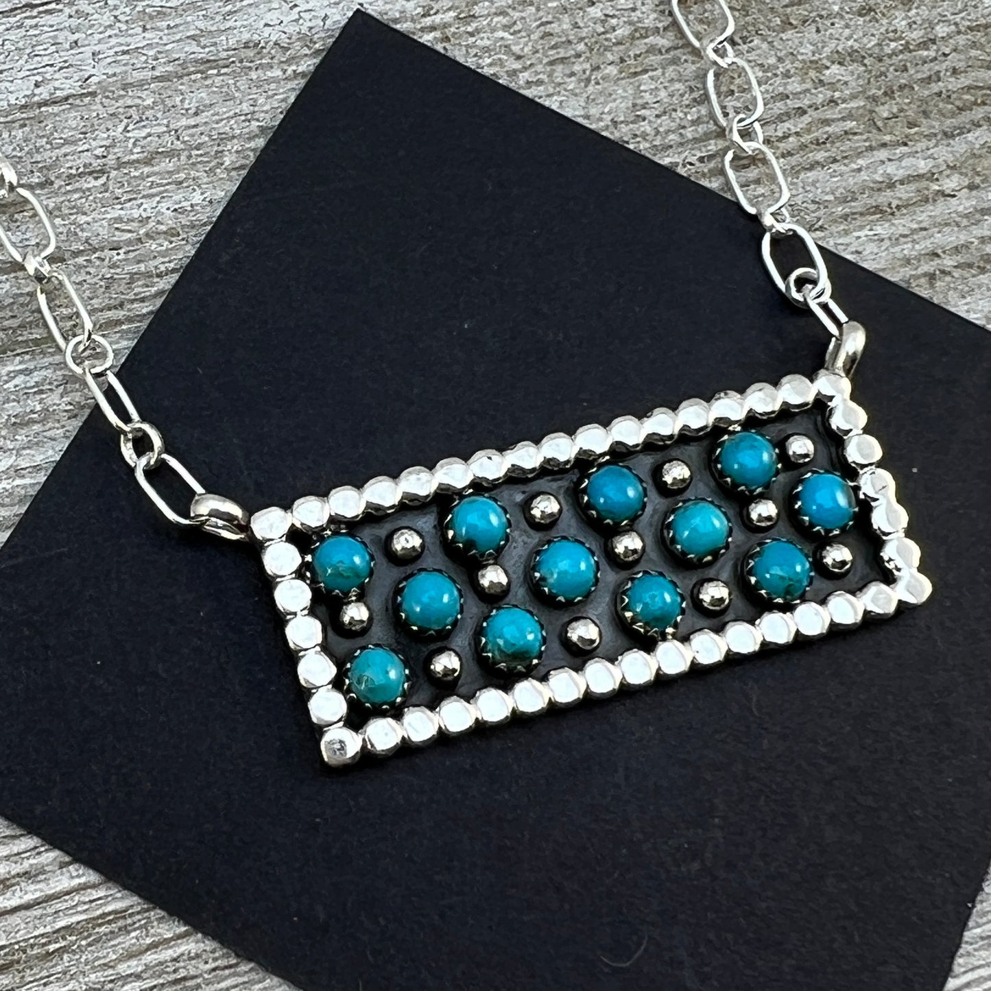 18" Zuni Snake Eye Dot Turquoise Sterling silver handmade Bar Necklace Kenny Lonjose 4