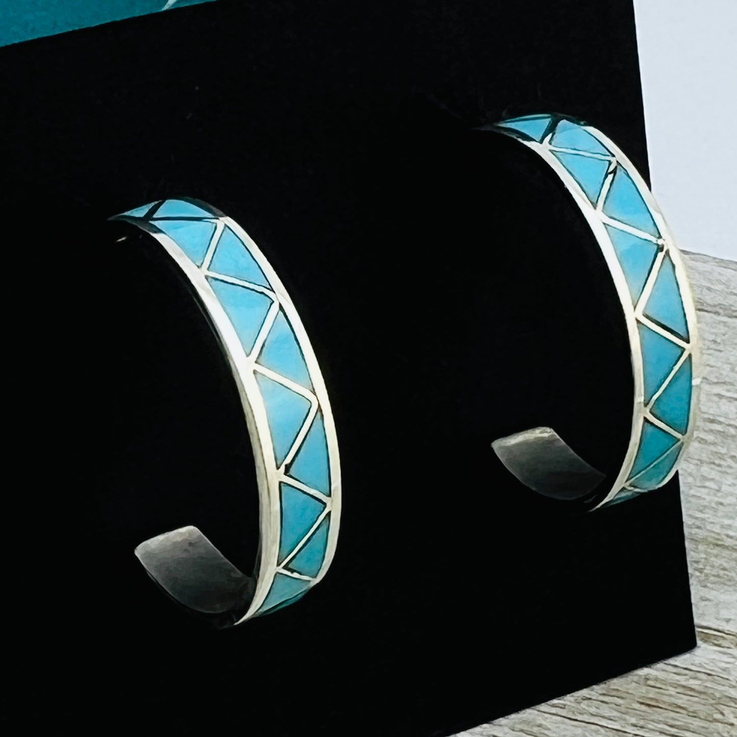 Turquoise inlay hoop earrings Joann Peina Zuni Sterling silver ER46
