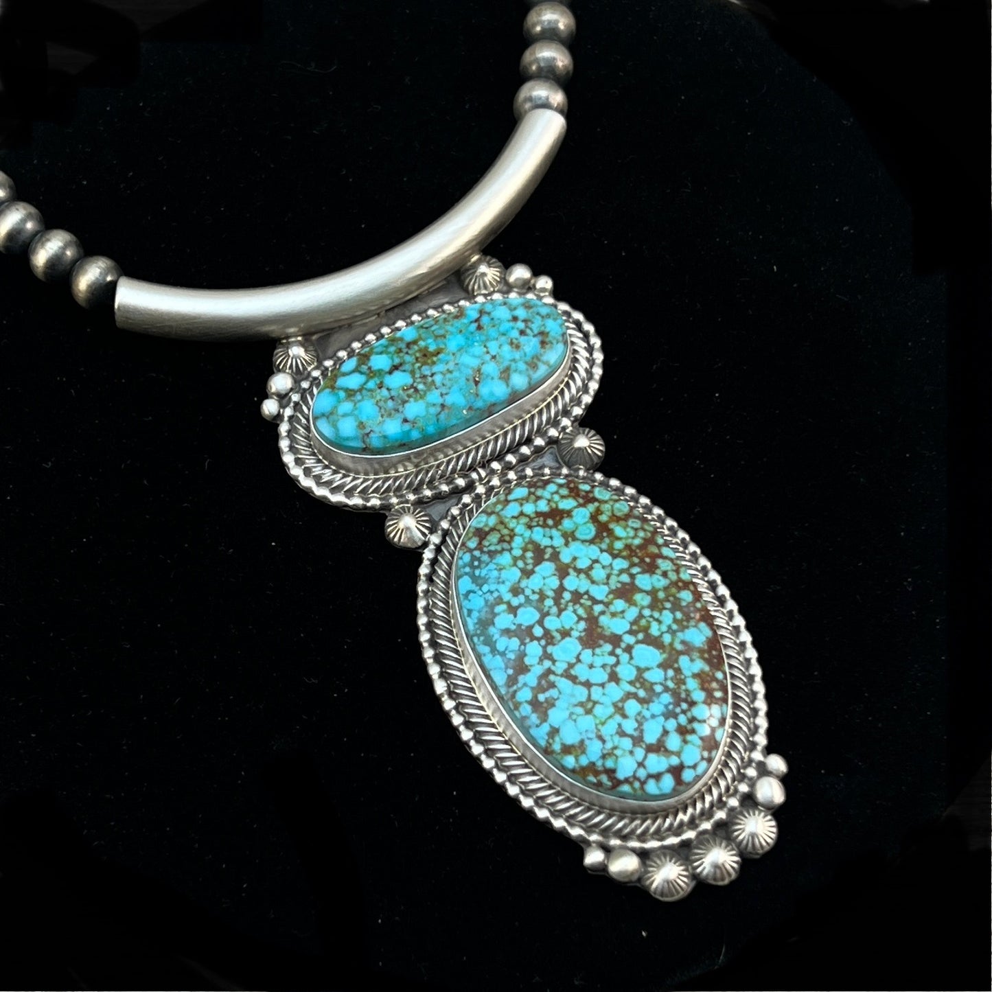 Kingman Turquoise 18" necklace Sterling silver oxidized beads pearls TOM LEWIS