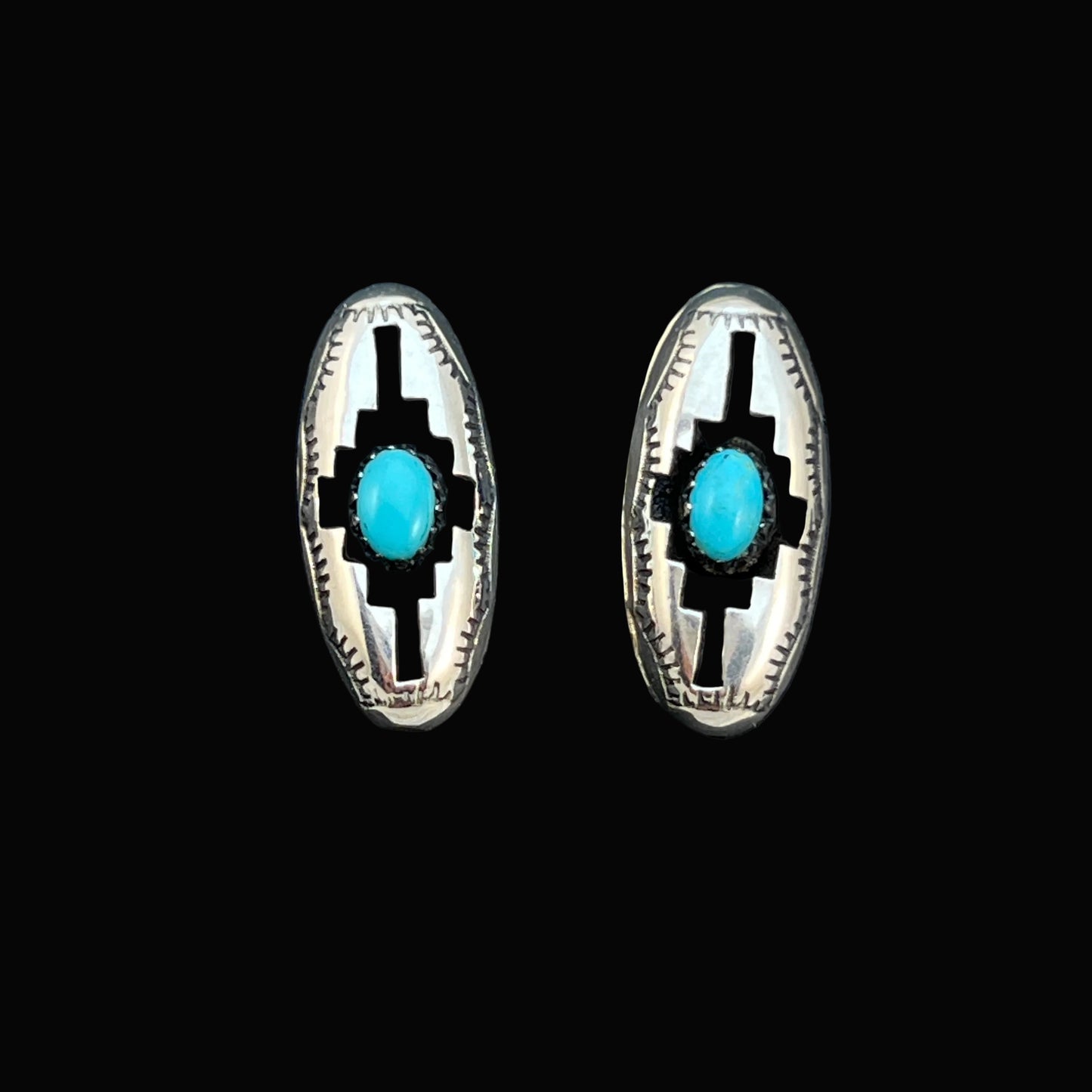 Small oval concho shadowbox post stud earrings, sterling silver turquoise Felix Perry