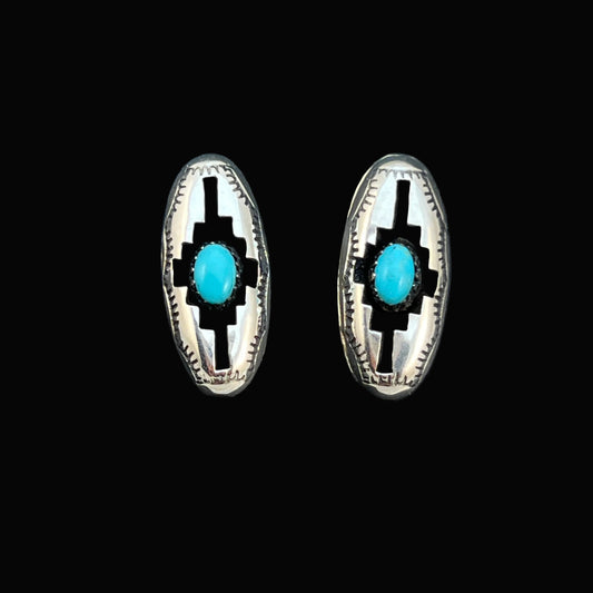 Small oval concho shadowbox post stud earrings, sterling silver turquoise Felix Perry