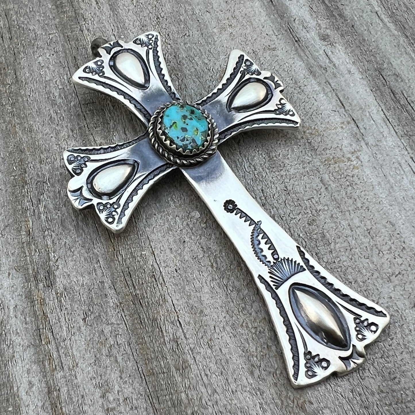 Turquoise Cross Pendant Sterling Silver Navajo handmade Martha Cayatineto 630