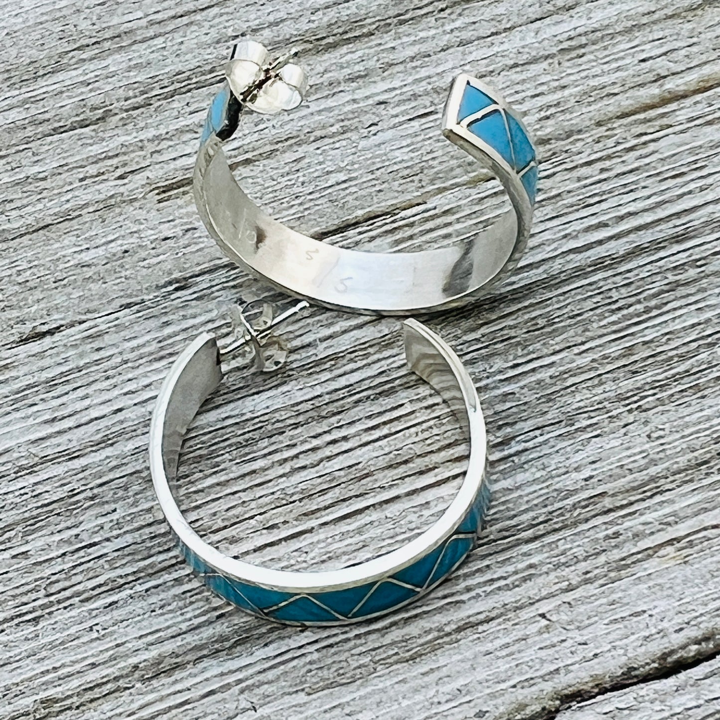 Turquoise inlay hoop earrings Tina Haloo Zuni Sterling silver ER45