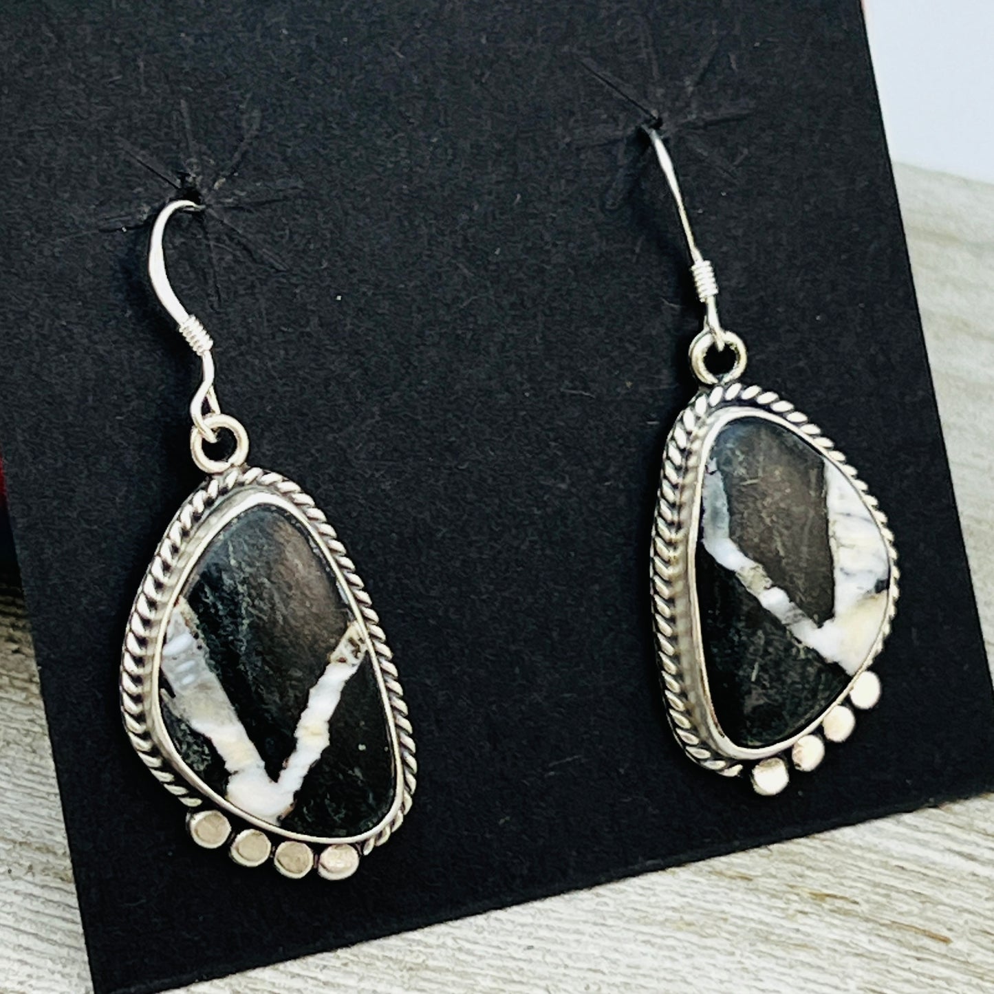 White Buffalo stone dangle earrings sterling silver Sharon McCarthy Navajo ER47
