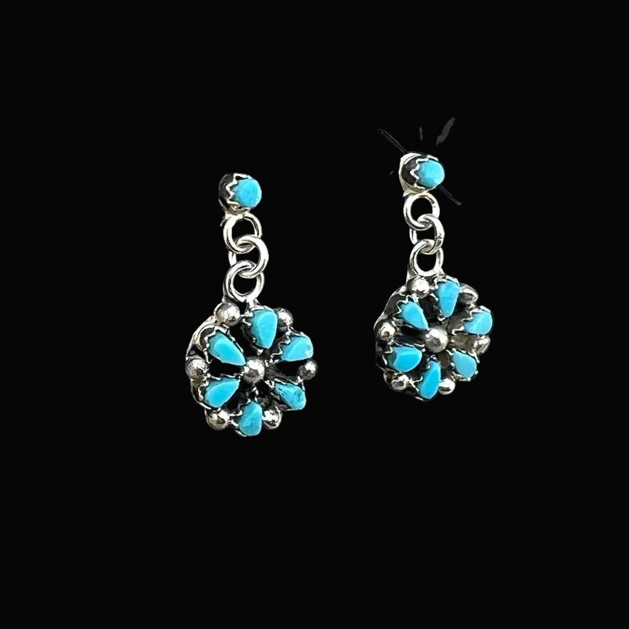 Small Zuni Petit point turquoise dangle cluster earrings, sterling silver turquoise Tricia Leekity