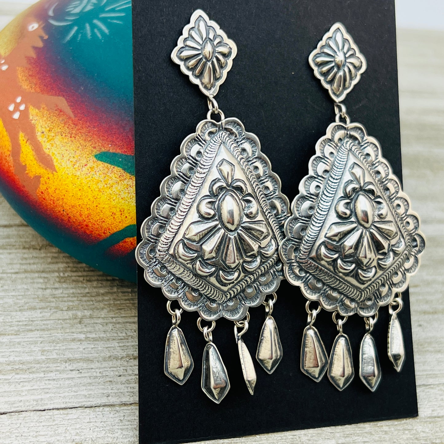 Large Stamped Concho earrings sterling silver Terry Charlie Navajo handmade ER29