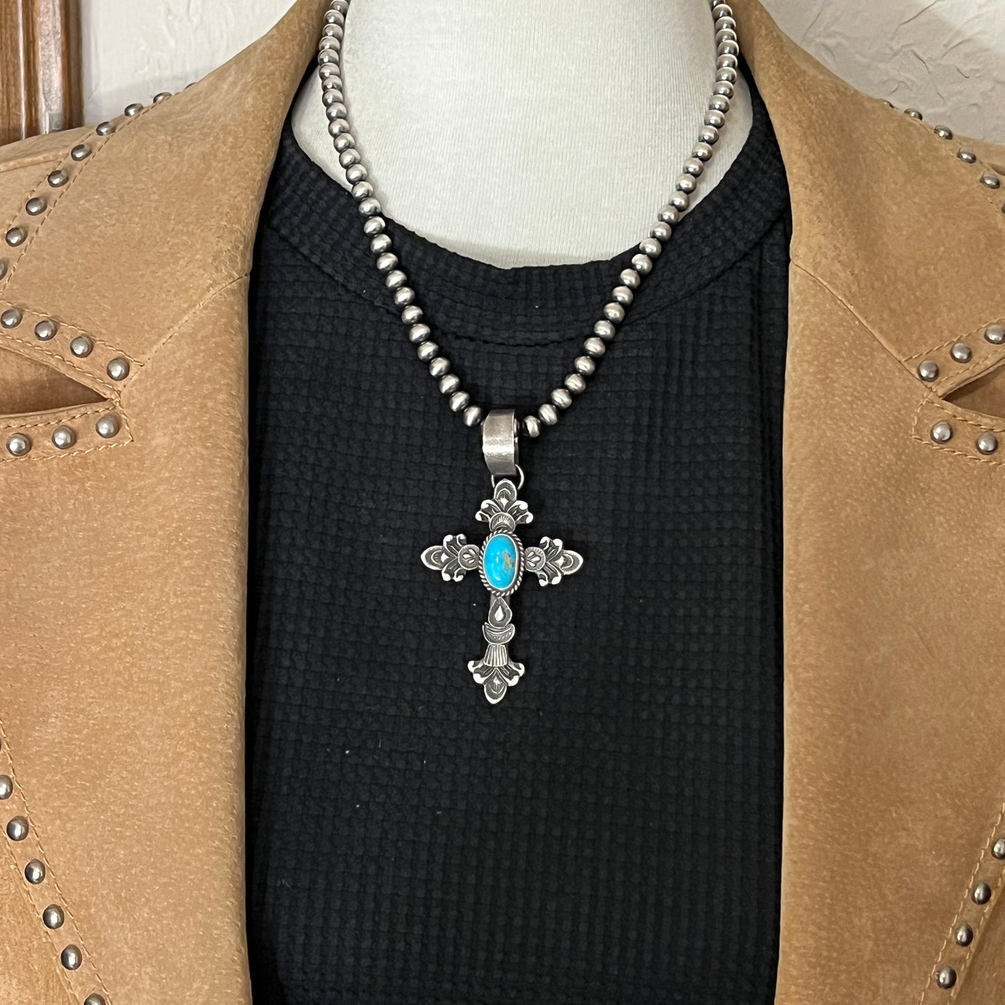 Kingman turquoise ornate cross pendant sterling silver Kevin Billah Navajo 806