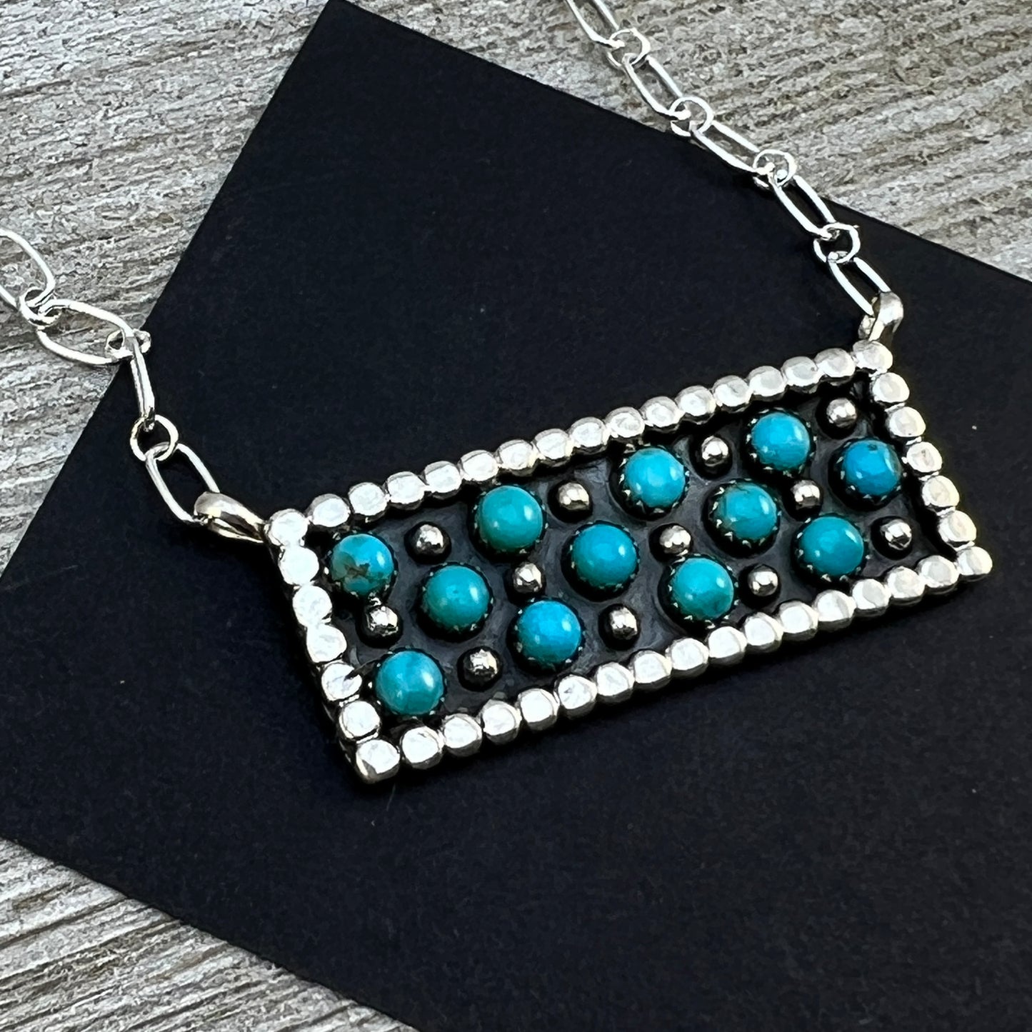 18" Zuni Snake Eye Dot Turquoise Sterling silver handmade Bar Necklace Kenny Lonjose 3