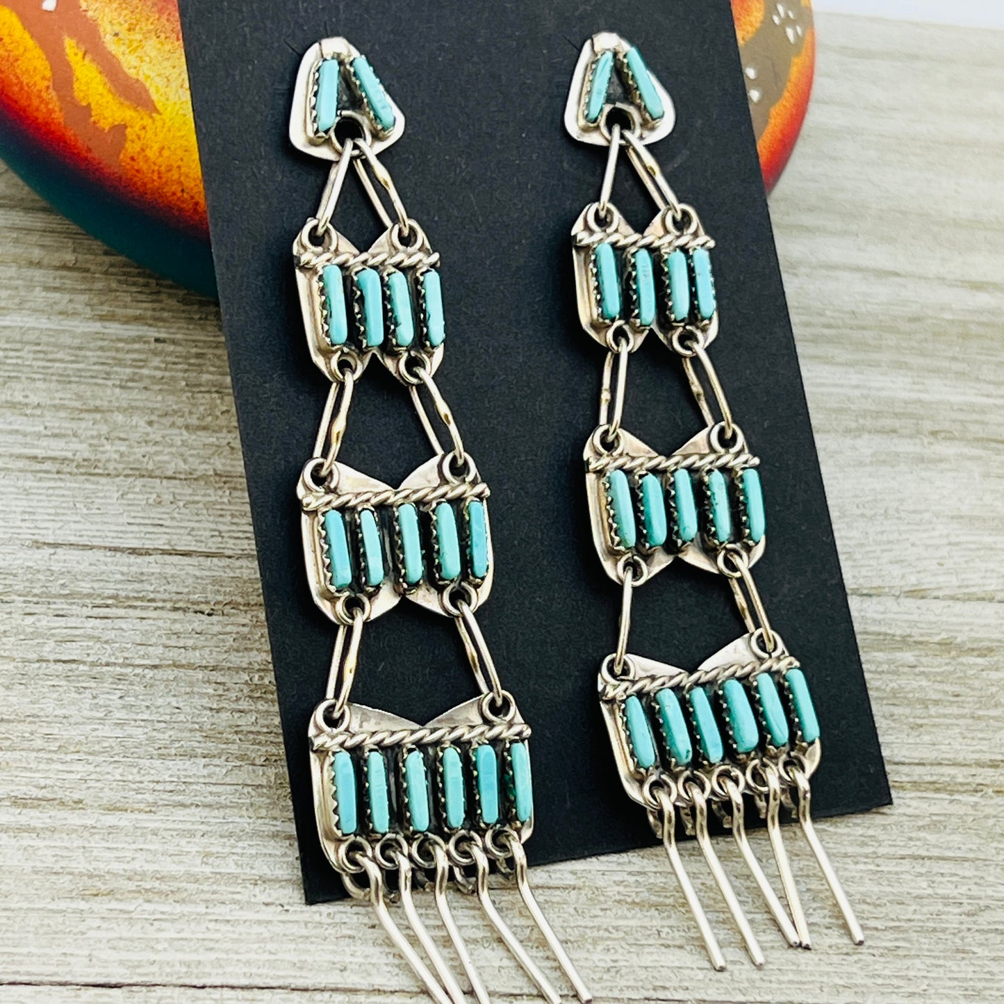 Long Turquoise needlepoint chandelier earrings Geraldine Faber Navajo handmade ER40