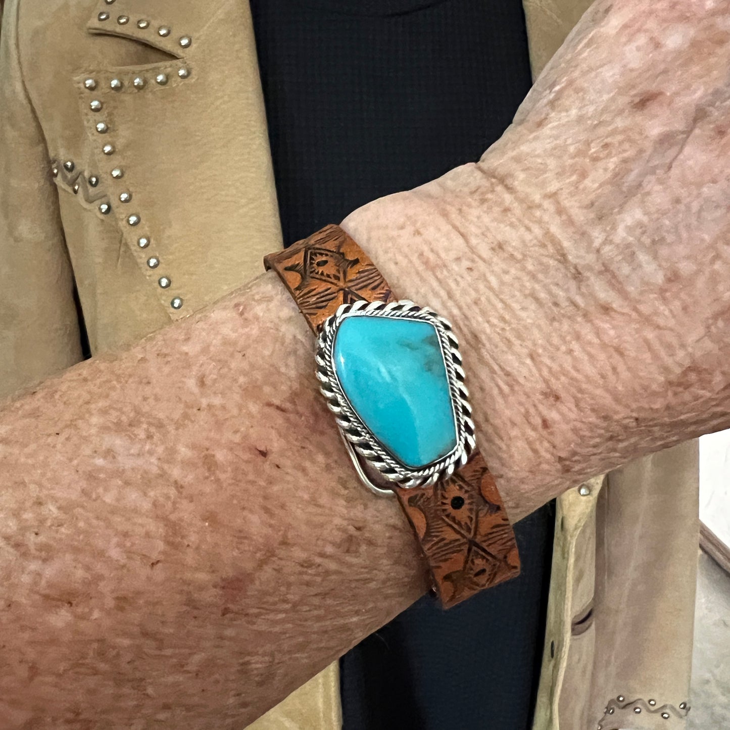 Real Turquoise leather Sterling silver bracelet adjustable Navajo Mike Smith Size 7, 7.5