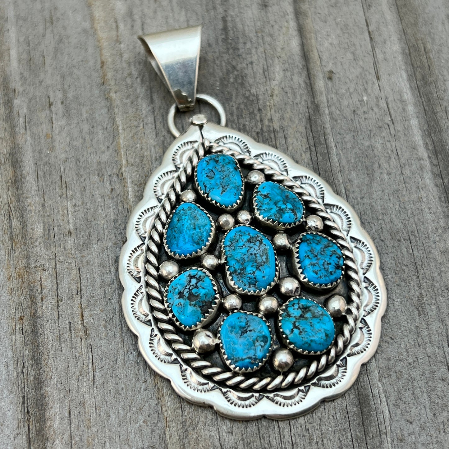 Kingman turquoise Cluster pendant sterling silver Chester Charley Navajo 810