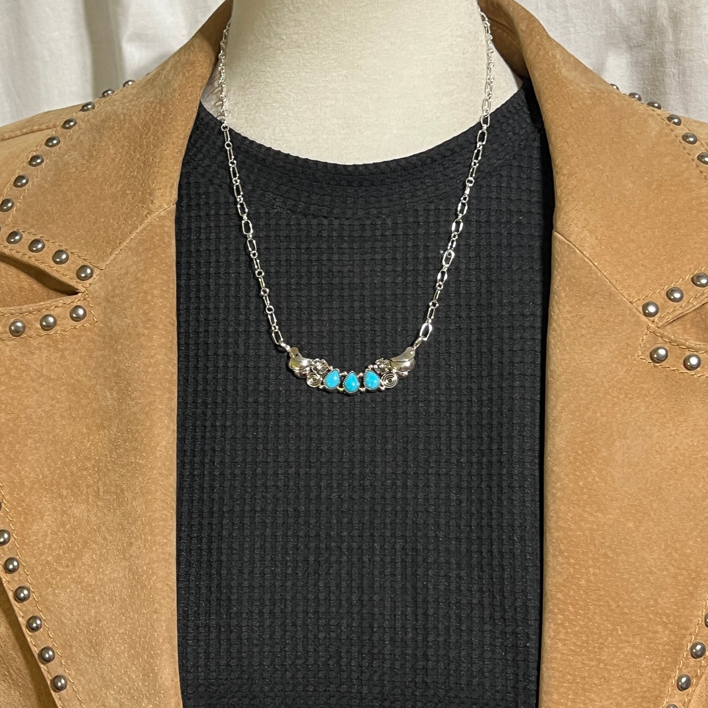 19" adjustable Blue Campitos 3 stone floral bar necklace Sterling Silver NK27