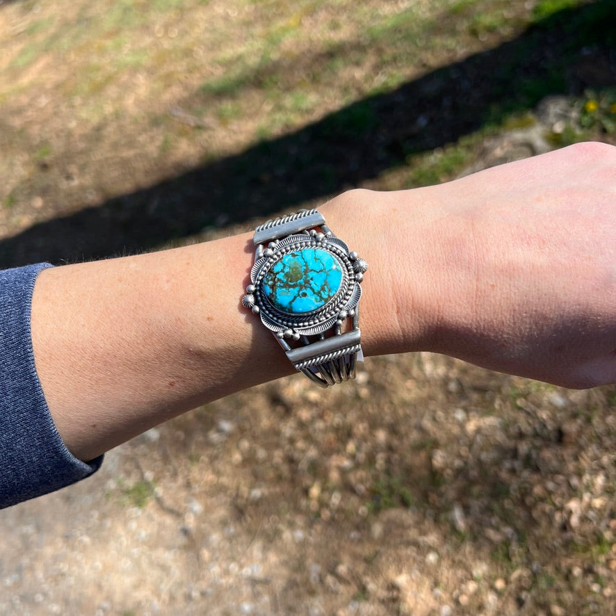 6.5" Kingman spiderweb turquoise, cuff bracelet 3 Navajo Tom Lewis sterling silver