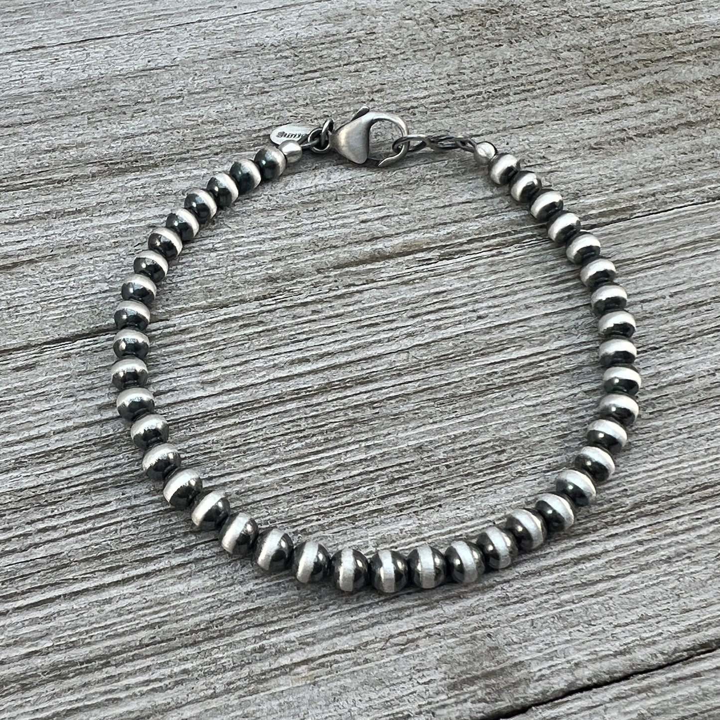 Real 925 Sterling Silver 4mm Bead Bracelet, Silver pearls boho oxidized ball chain Southwest Jewelry