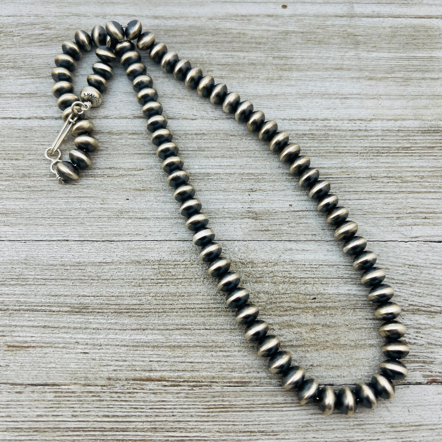 20" Sterling silver Navajo handmade 9mm oval bead Pearl necklace Bryannen Halwood 710